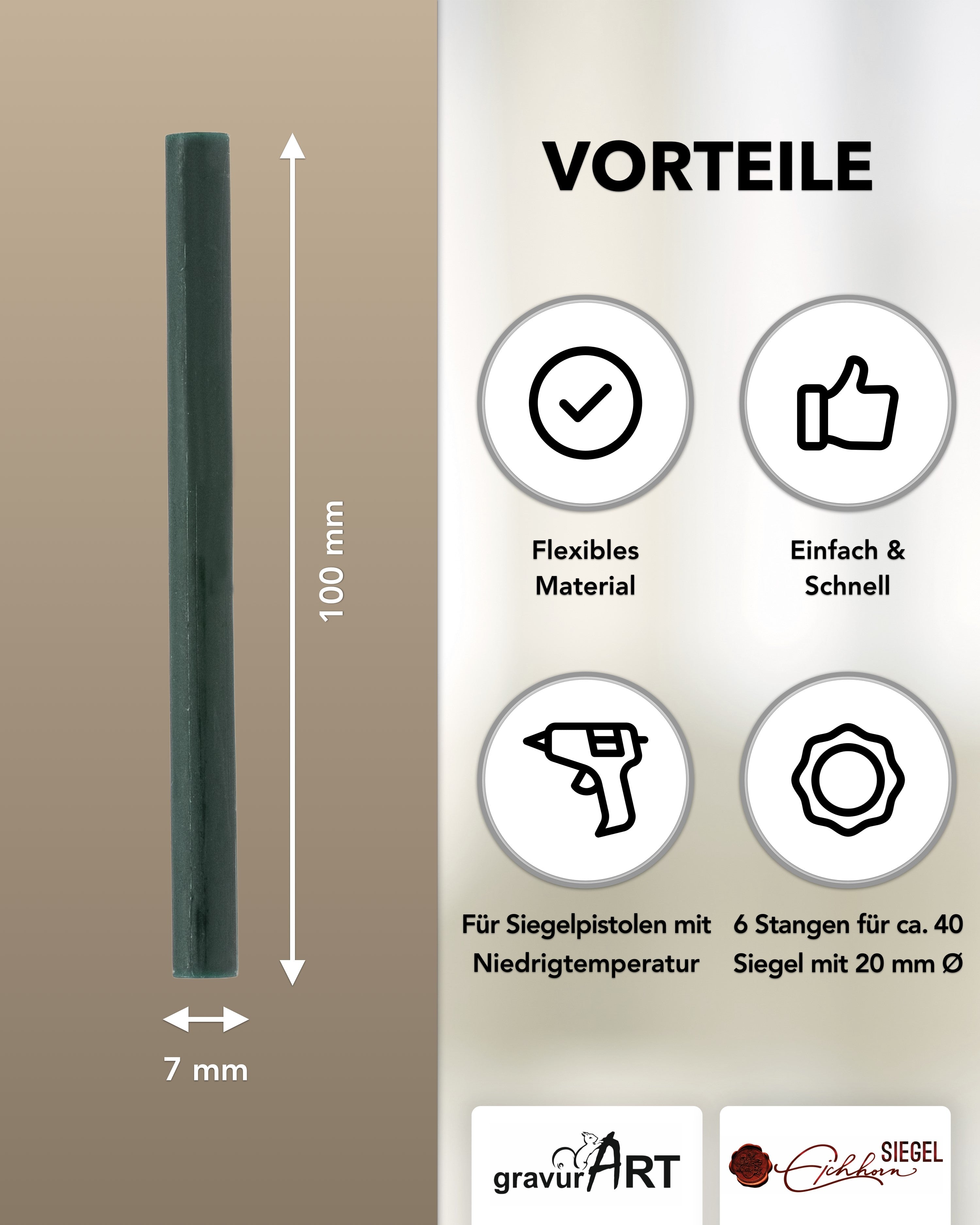 Siegelwachs für Wachspistole in Dunkelgrün, 7mm Durchmesser, 6er Pack - Siegelstempel personalisiert