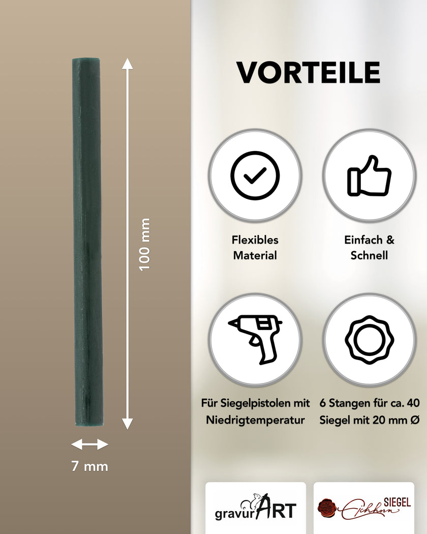 Siegelwachs für Wachspistole in Dunkelgrün, 7mm Durchmesser, 6er Pack - Siegelstempel personalisiert