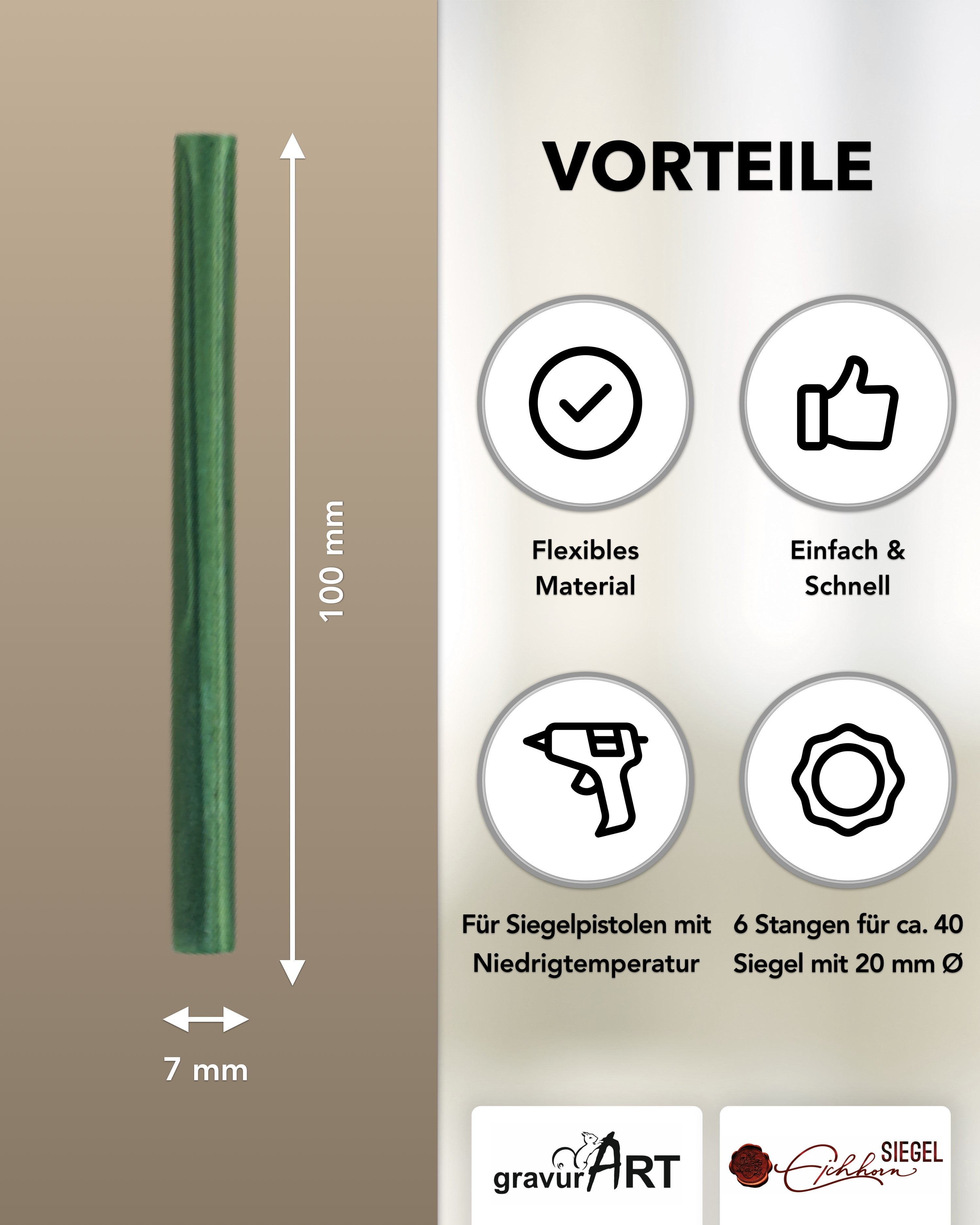 Siegelwachs für Wachspistole in Grün-Perl., 7mm Durchmesser, 6er Pack - Siegelstempel personalisiert