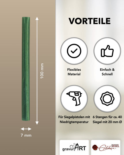 Siegelwachs für Wachspistole in Grün-Perl., 7mm Durchmesser, 6er Pack - Siegelstempel personalisiert