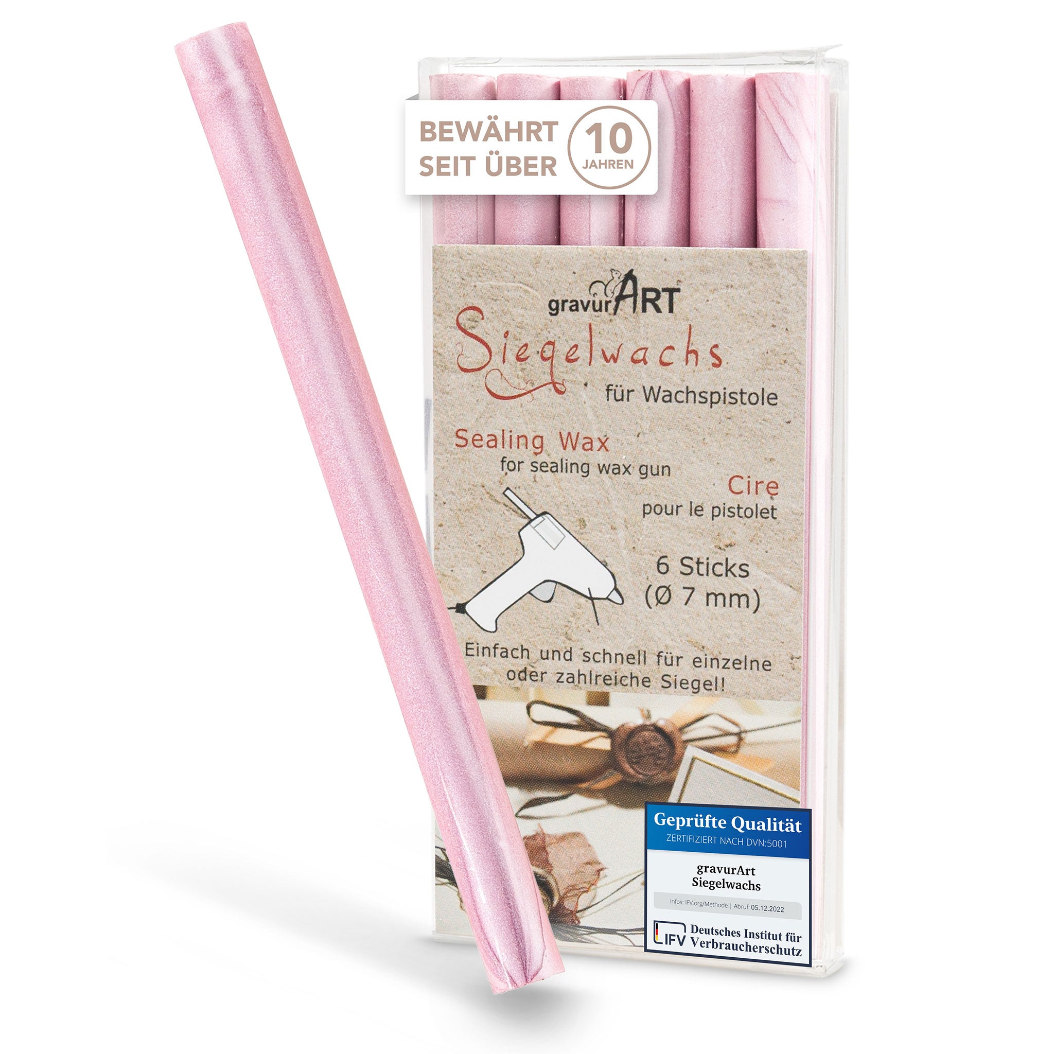 Siegelwachs für Wachspistole in Rosé-Perl, 7mm Durchmesser, 6er Pack - Siegelstempel personalisiert