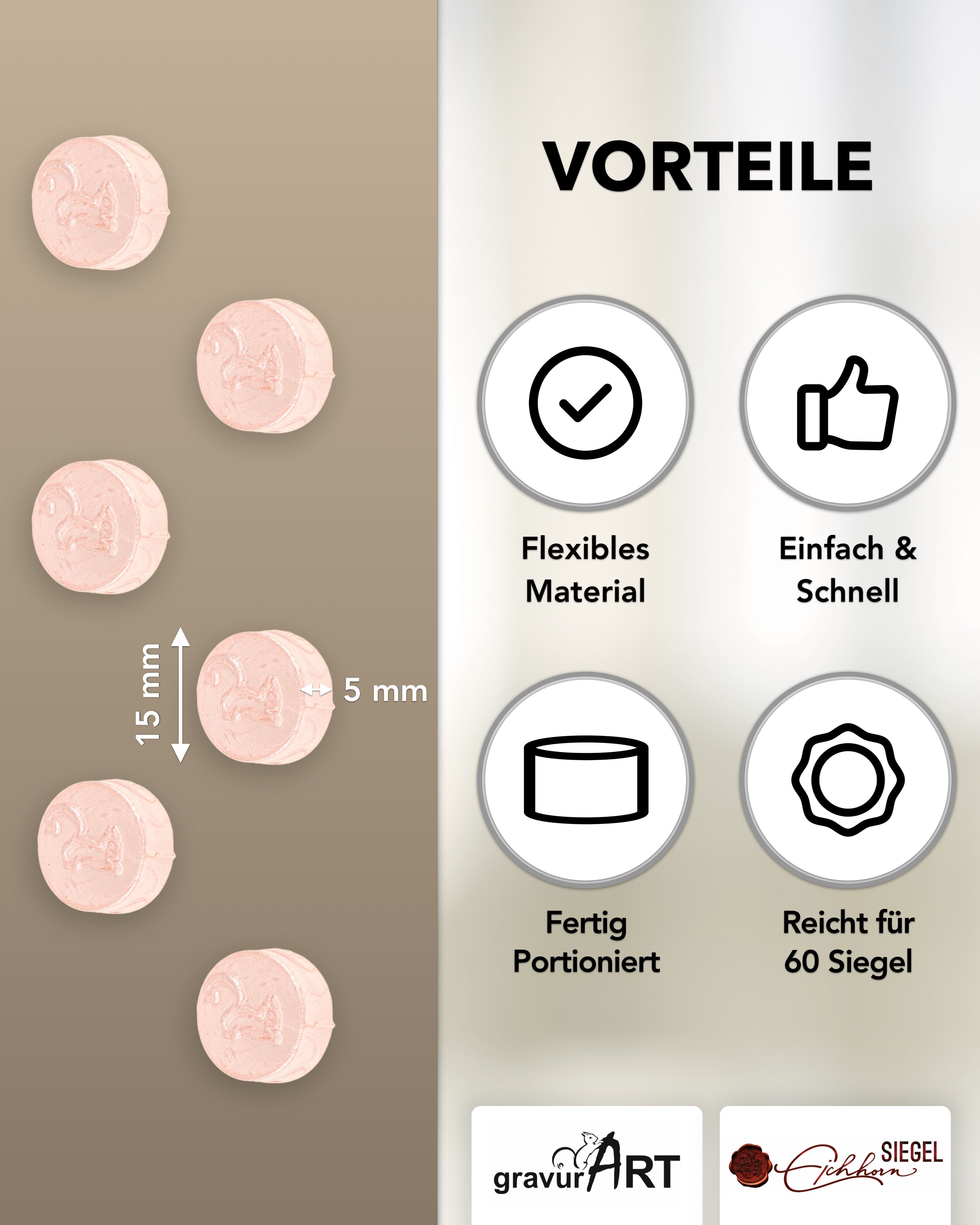 gravurART Siegelwachs Tabs - flexibel - zum Schmelzen im Schmelzlöffel - Farbe Champagner - Siegelstempel personalisiert