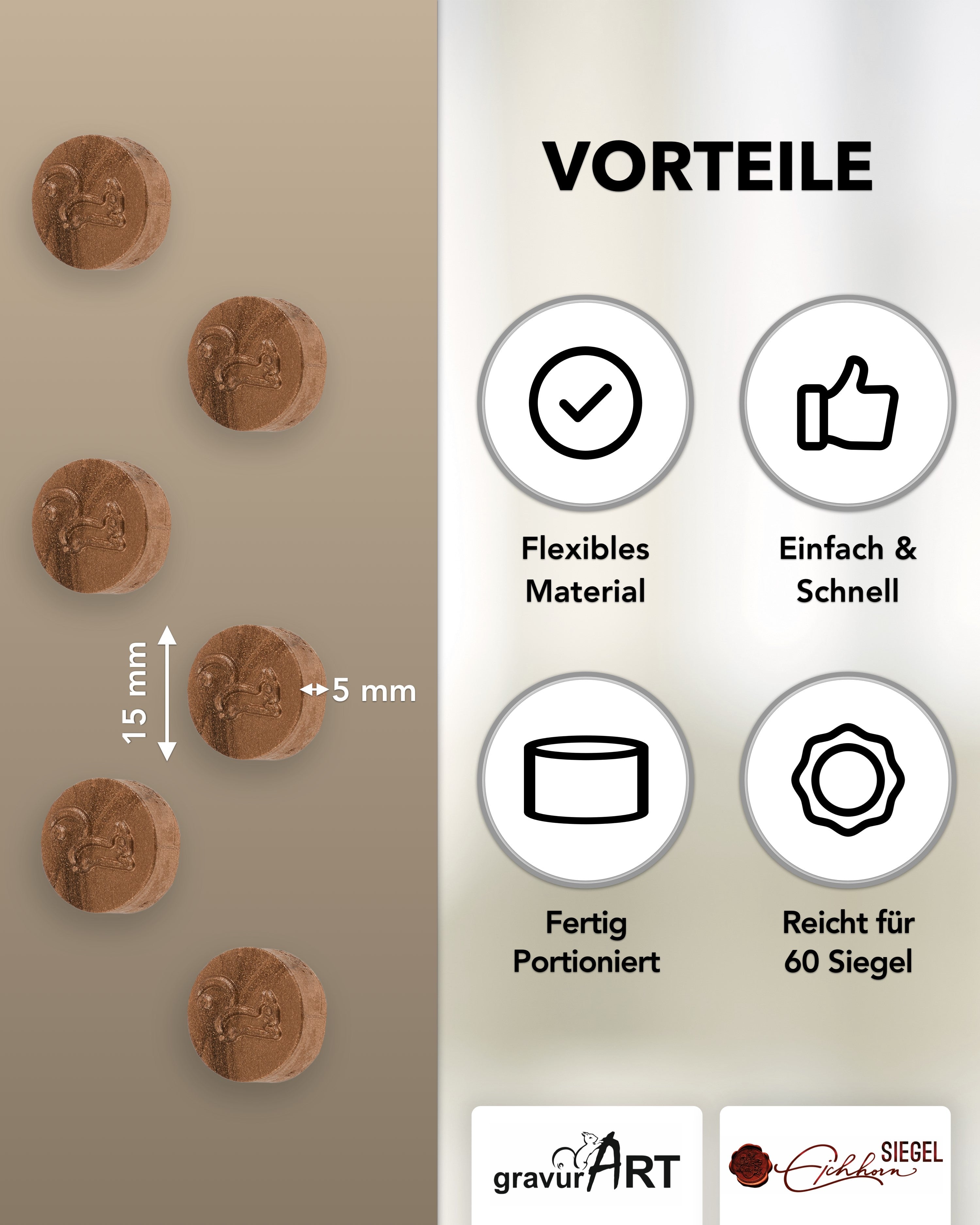 gravurART Siegelwachs Tabs - flexibel - zum Schmelzen im Schmelzlöffel - Farbe Kupfer - Siegelstempel personalisiert