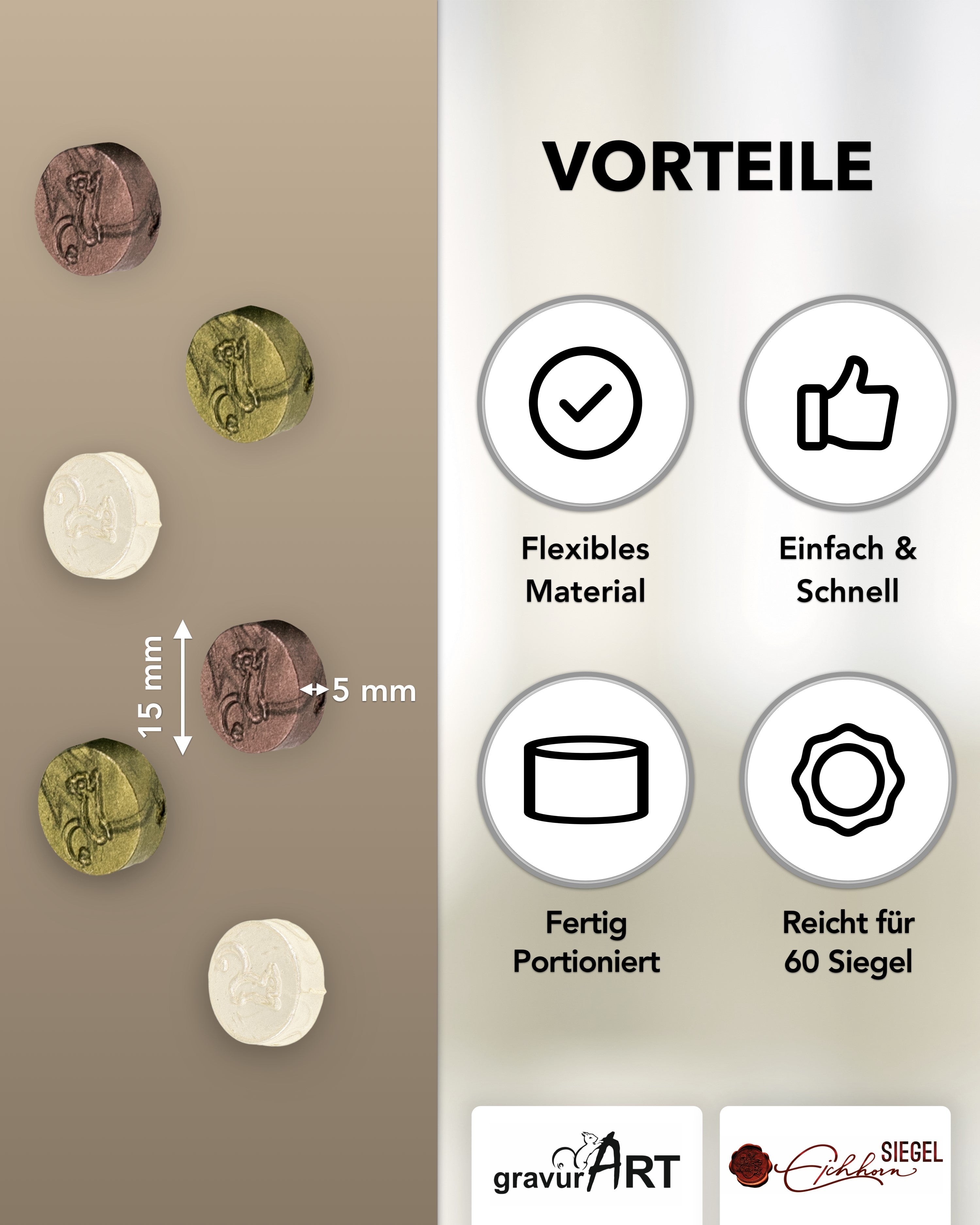 gravurART Siegelwachs Tabs - flexibel - zum Schmelzen im Schmelzlöffel - Mix 1  Farbmix aus Olivgrün, Roségold und Weiß-Perl. - Siegelstempel personalisiert
