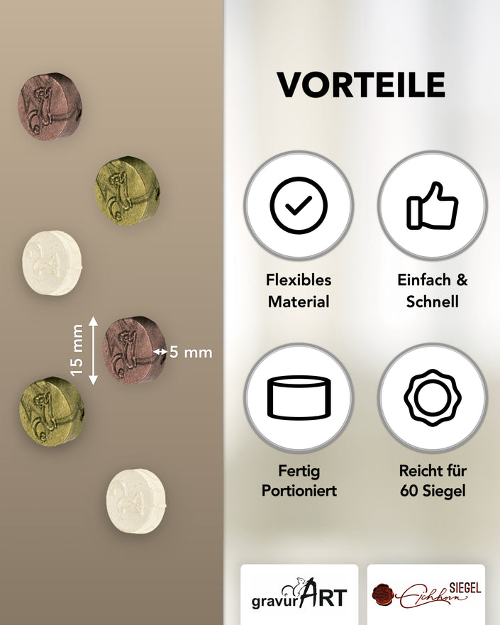 gravurART Siegelwachs Tabs - flexibel - zum Schmelzen im Schmelzlöffel - Mix 1  Farbmix aus Olivgrün, Roségold und Weiß-Perl. - Siegelstempel personalisiert