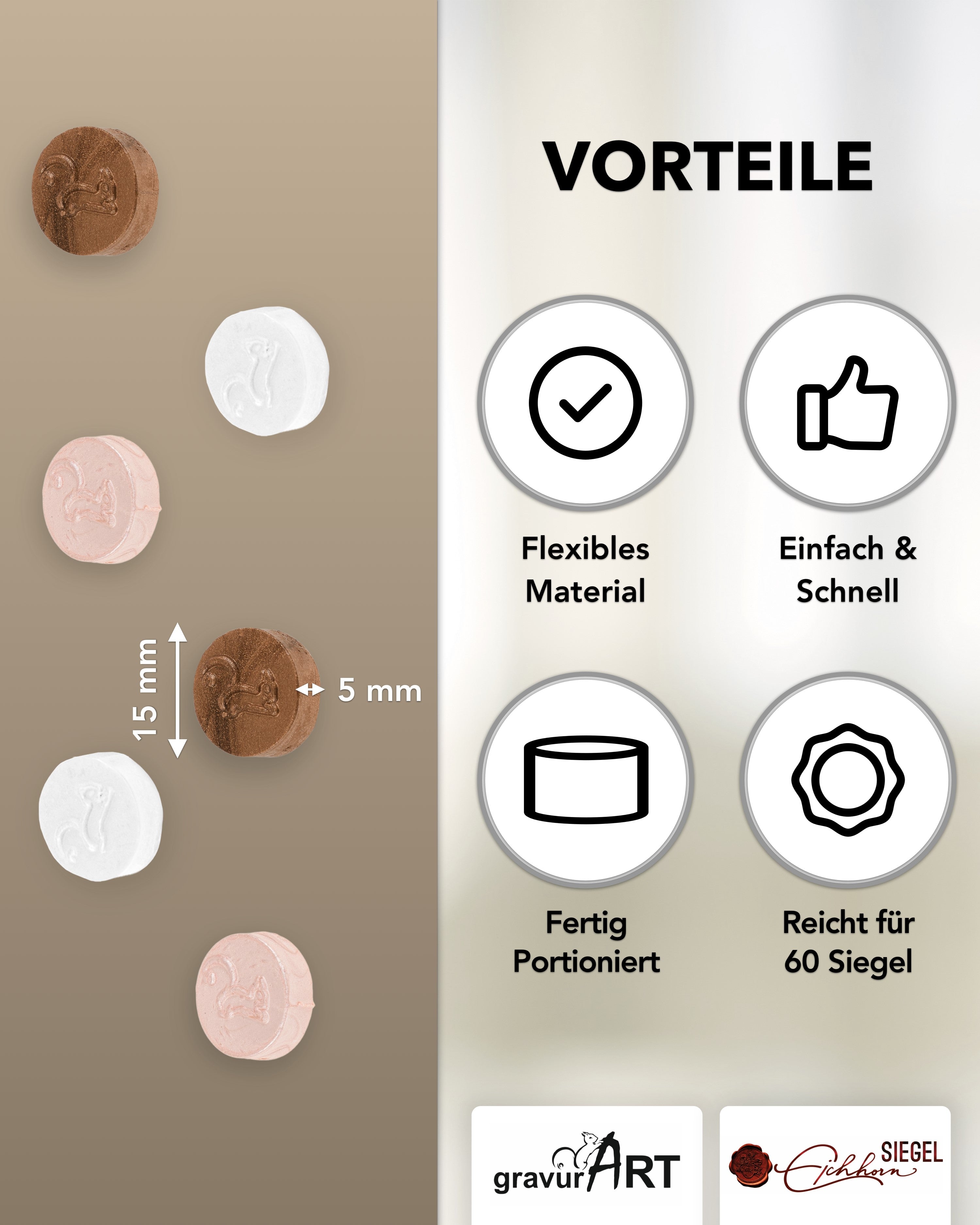 gravurART Siegelwachs Tabs - flexibel - zum Schmelzen im Schmelzlöffel - Mix 2  Farbmix aus Champagner, Kupfer und Weiß - Siegelstempel personalisiert