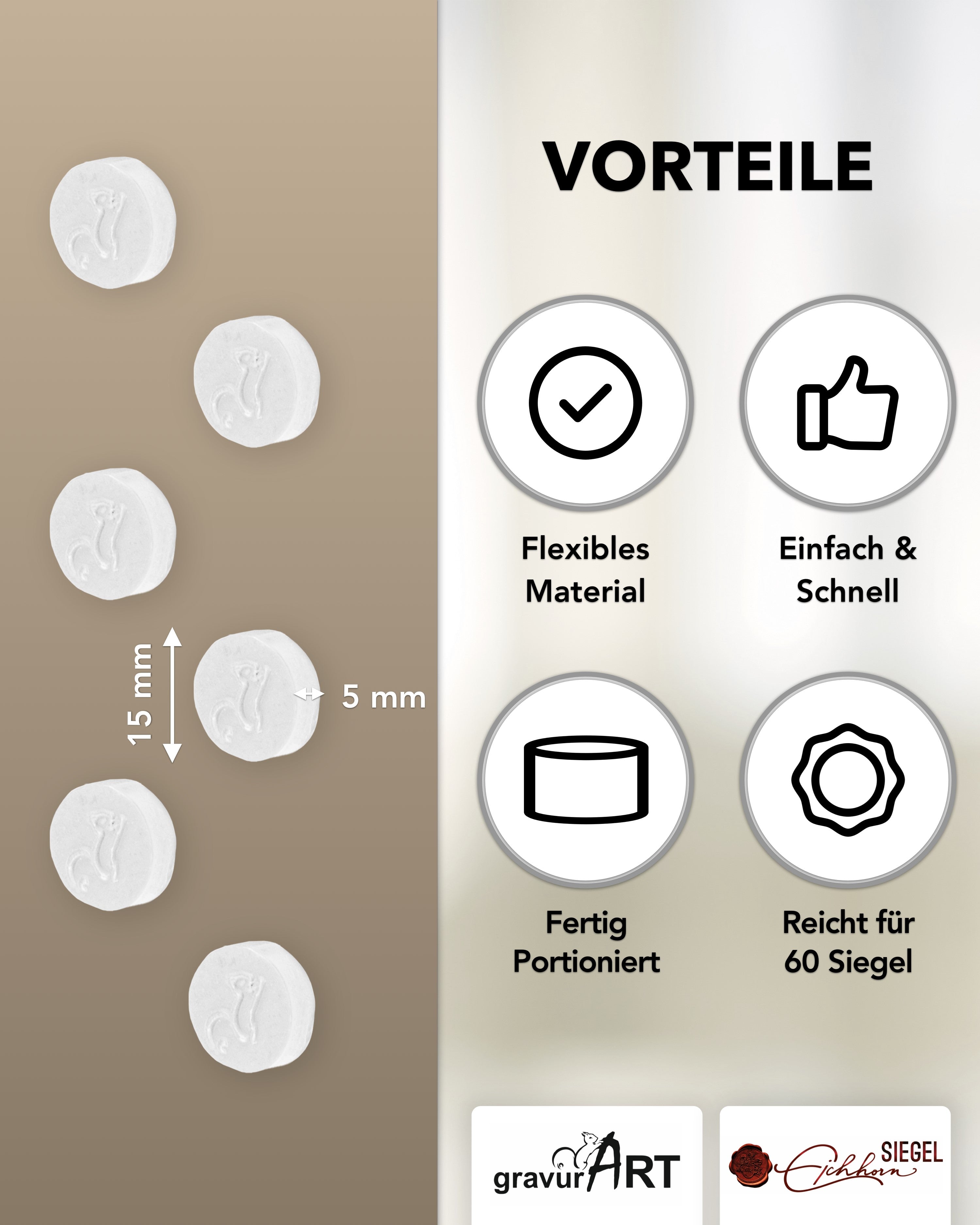 gravurART Siegelwachs Tabs - flexibel - zum Schmelzen im Schmelzlöffel - Weiß - Siegelstempel personalisiert