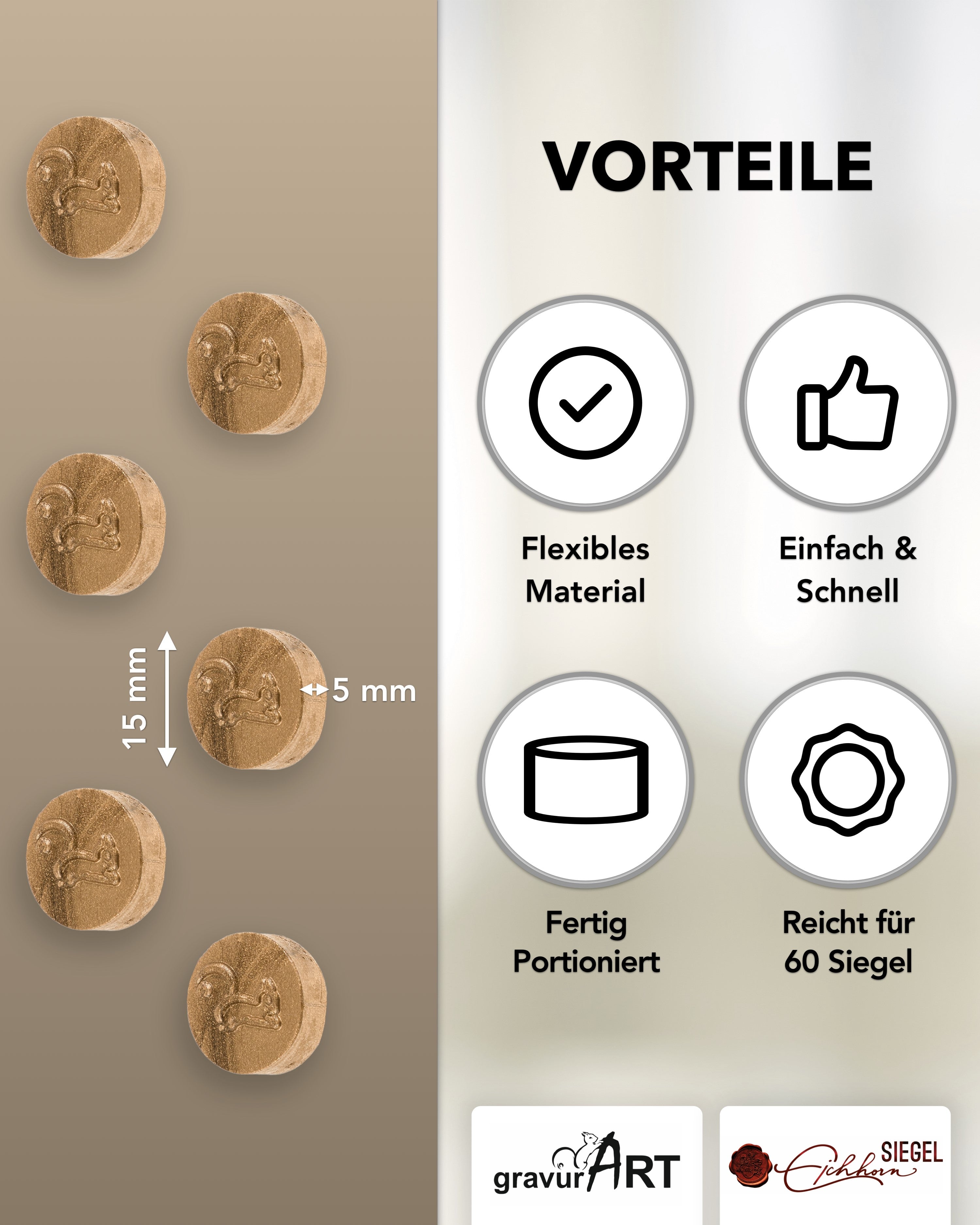 gravurART Siegelwachs Tabs - flexibel - zum Schmelzen im Schmelzlöffel - Farbe Gold - Siegelstempel personalisiert