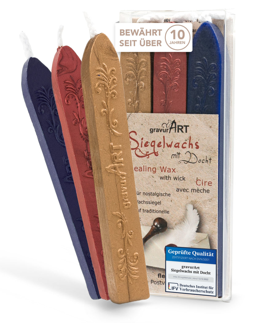 Premium Siegelwachs mit Docht, 3er Pack Mix Gold - Rot-Metallic - Navyblue - Siegelstempel personalisiert
