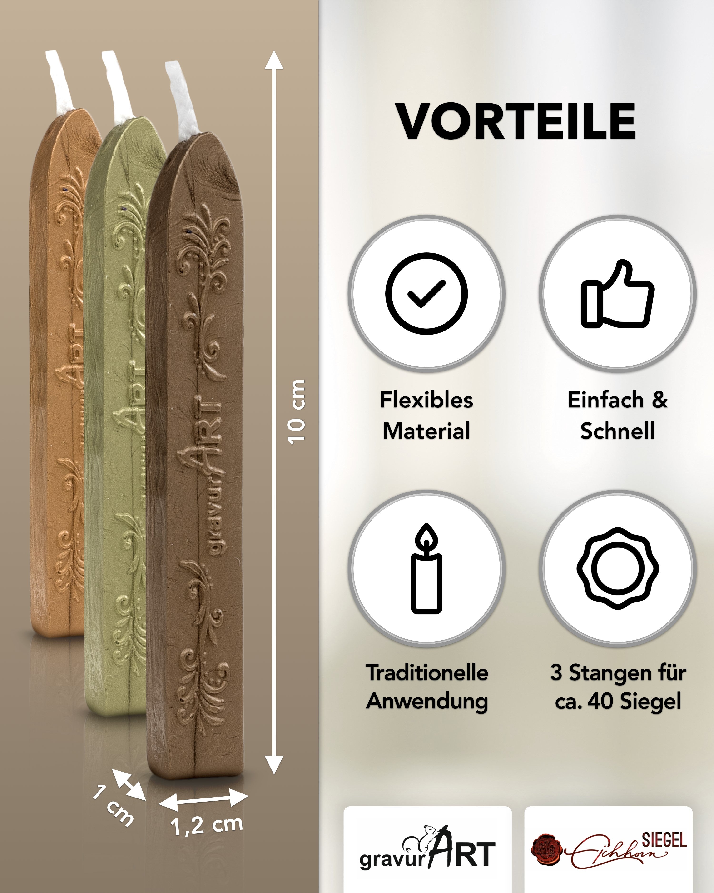 Premium Siegelwachs mit Docht, 3er Pack Mix Gold - Oliv - Schoko - Siegelstempel personalisiert