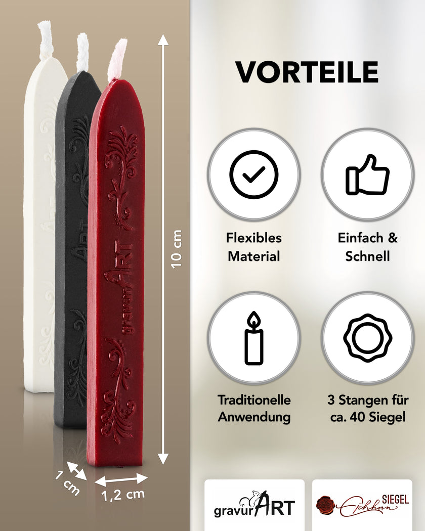 Premium Siegelwachs mit Docht, 3er Pack Mix Weiß - Schwarz - Bordeaux - Siegelstempel personalisiert