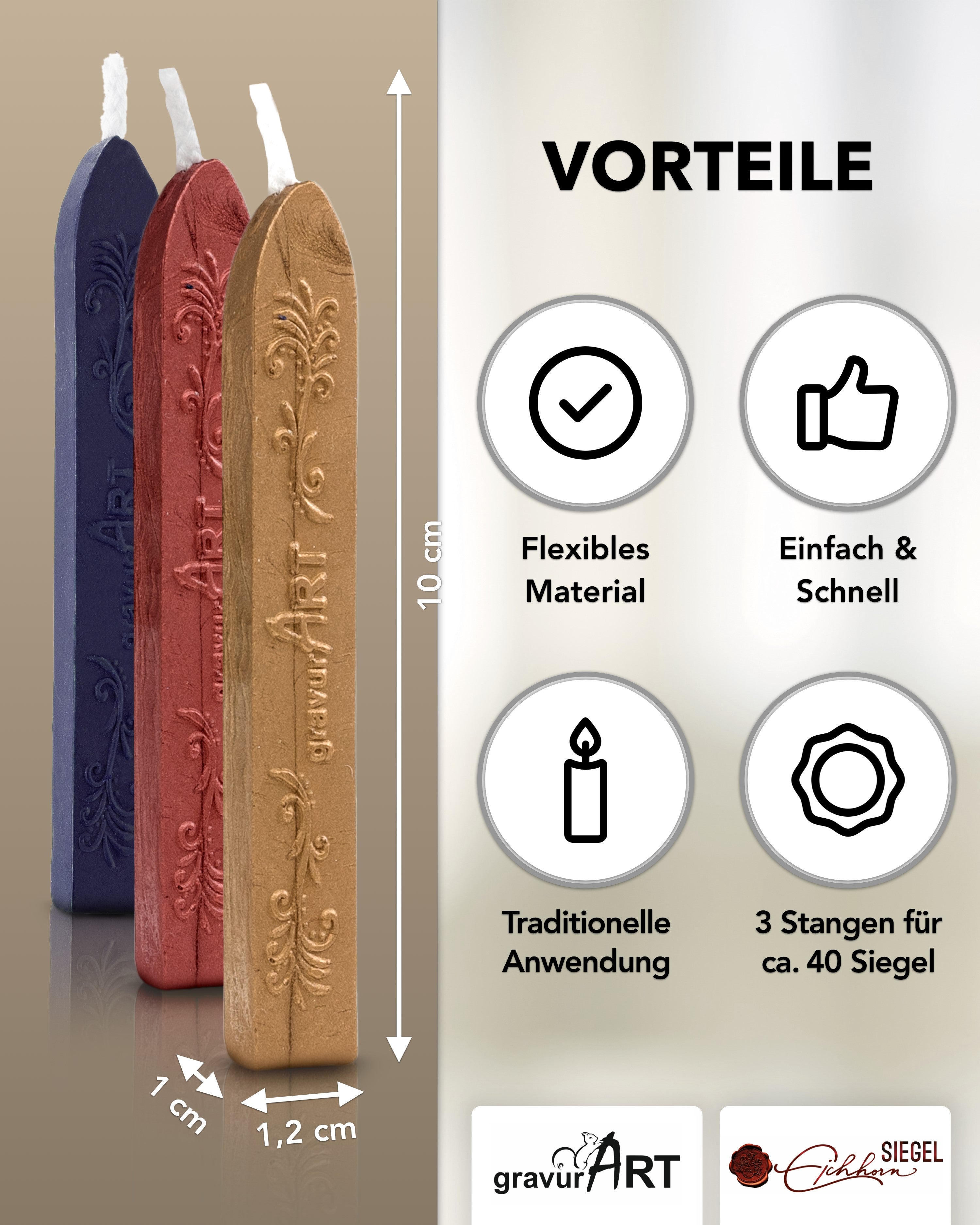Premium Siegelwachs mit Docht, 3er Pack Mix Gold - Rot-Metallic - Navyblue - Siegelstempel personalisiert