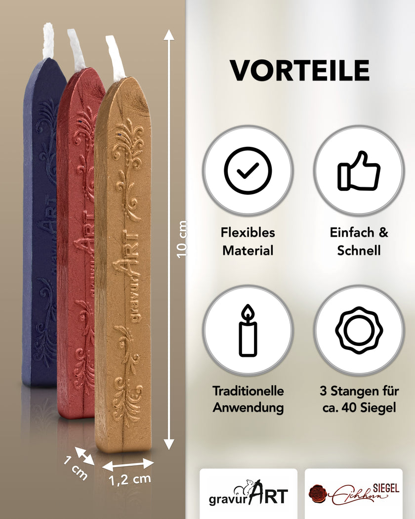 Premium Siegelwachs mit Docht, 3er Pack Mix Gold - Rot-Metallic - Navyblue - Siegelstempel personalisiert