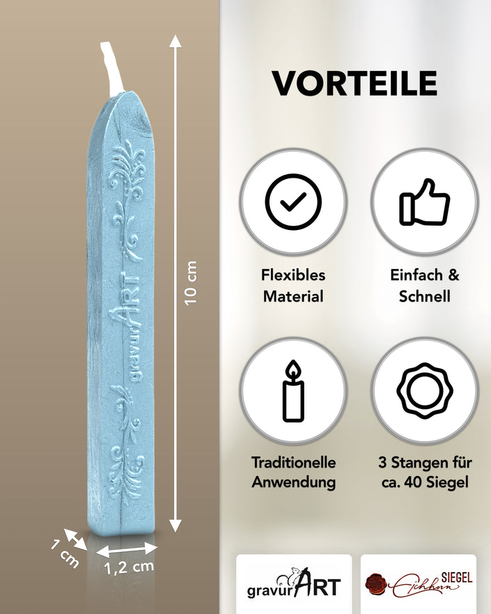 Premium Siegelwachs mit Docht, 3er Pack in Aqua-perl. - Siegelstempel personalisiert