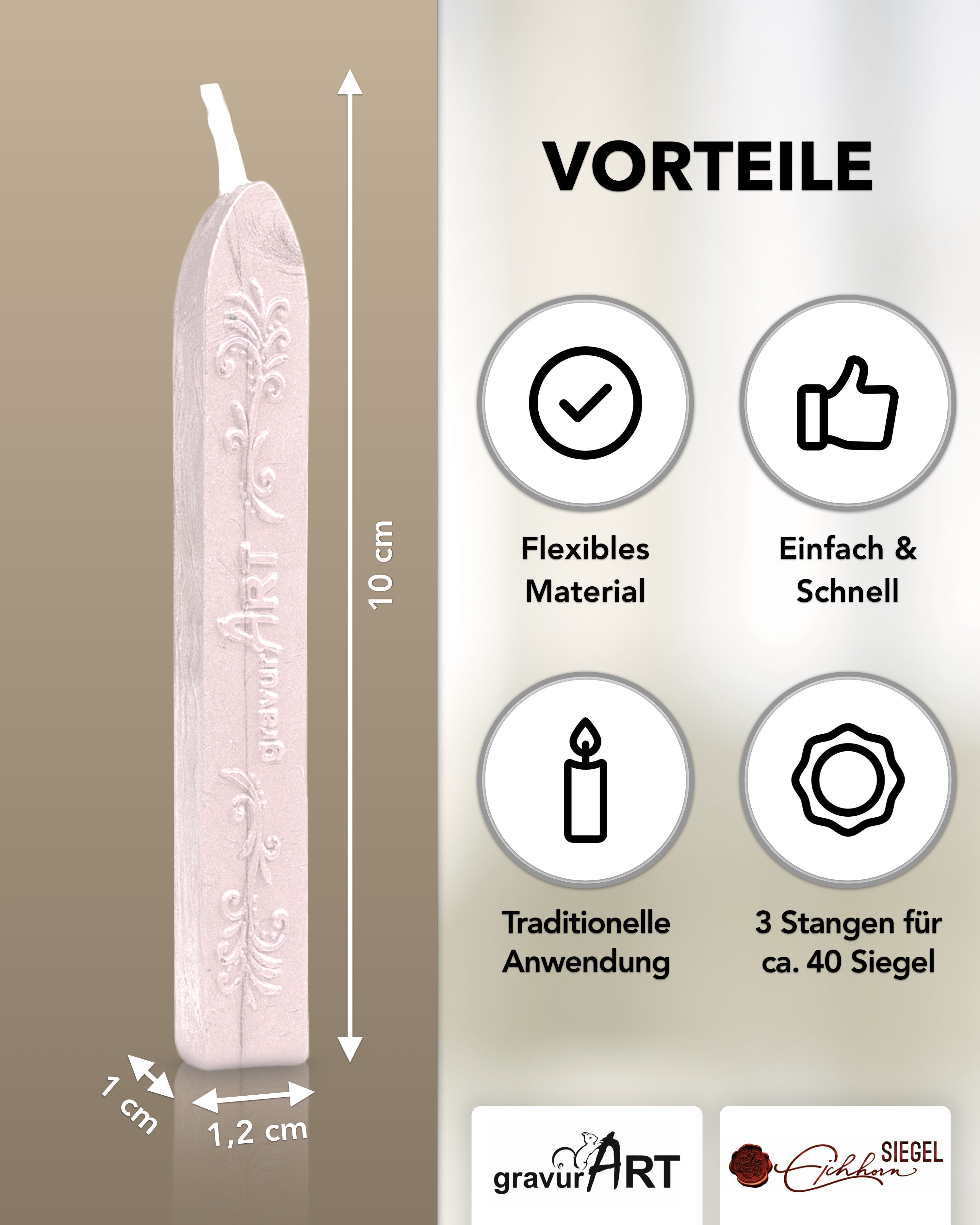 Premium Siegelwachs mit Docht, 3er Pack in Champagner - Siegelstempel personalisiert