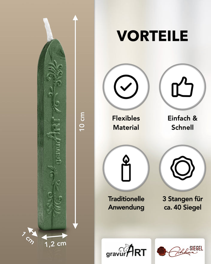 Premium Siegelwachs mit Docht, 3er Pack in Grün-perl. - Siegelstempel personalisiert
