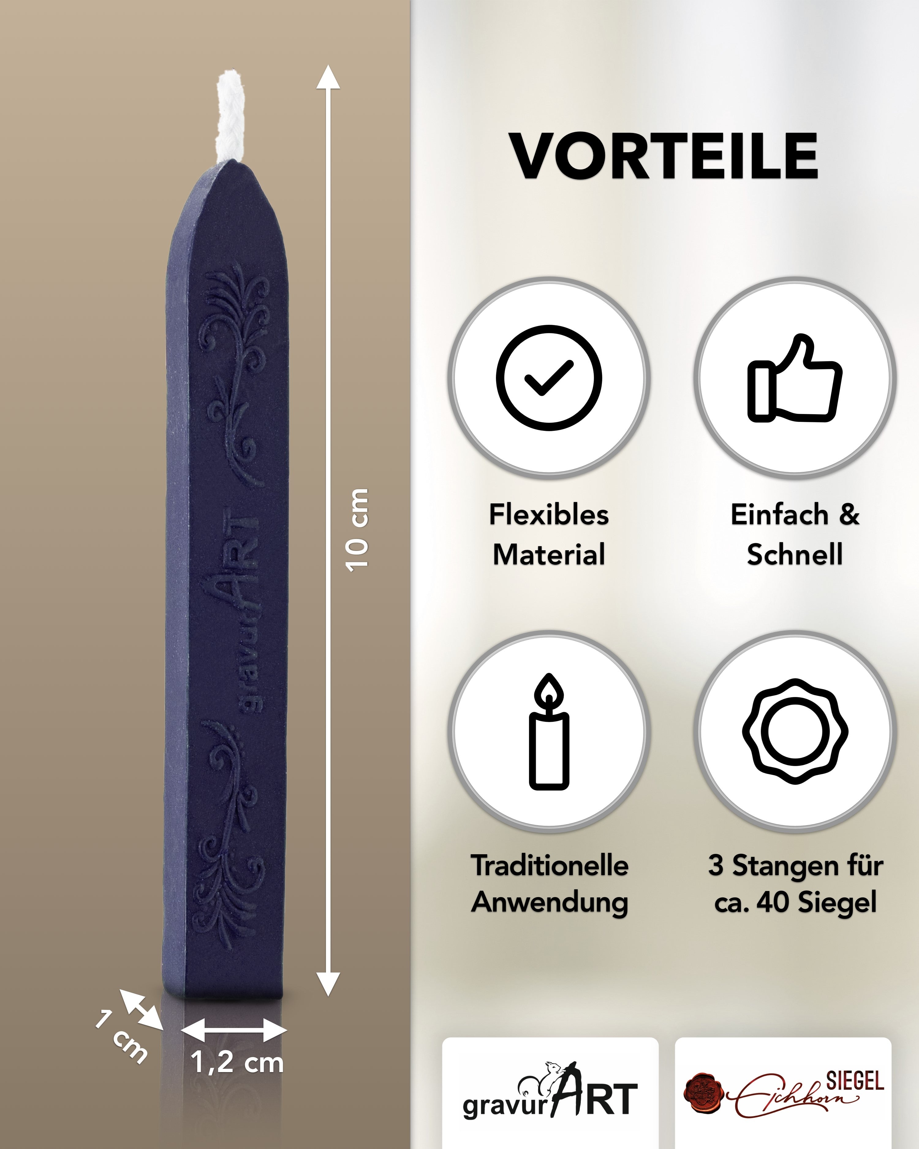 Premium Siegelwachs mit Docht, 3er Pack in Navy-Blue - Siegelstempel personalisiert