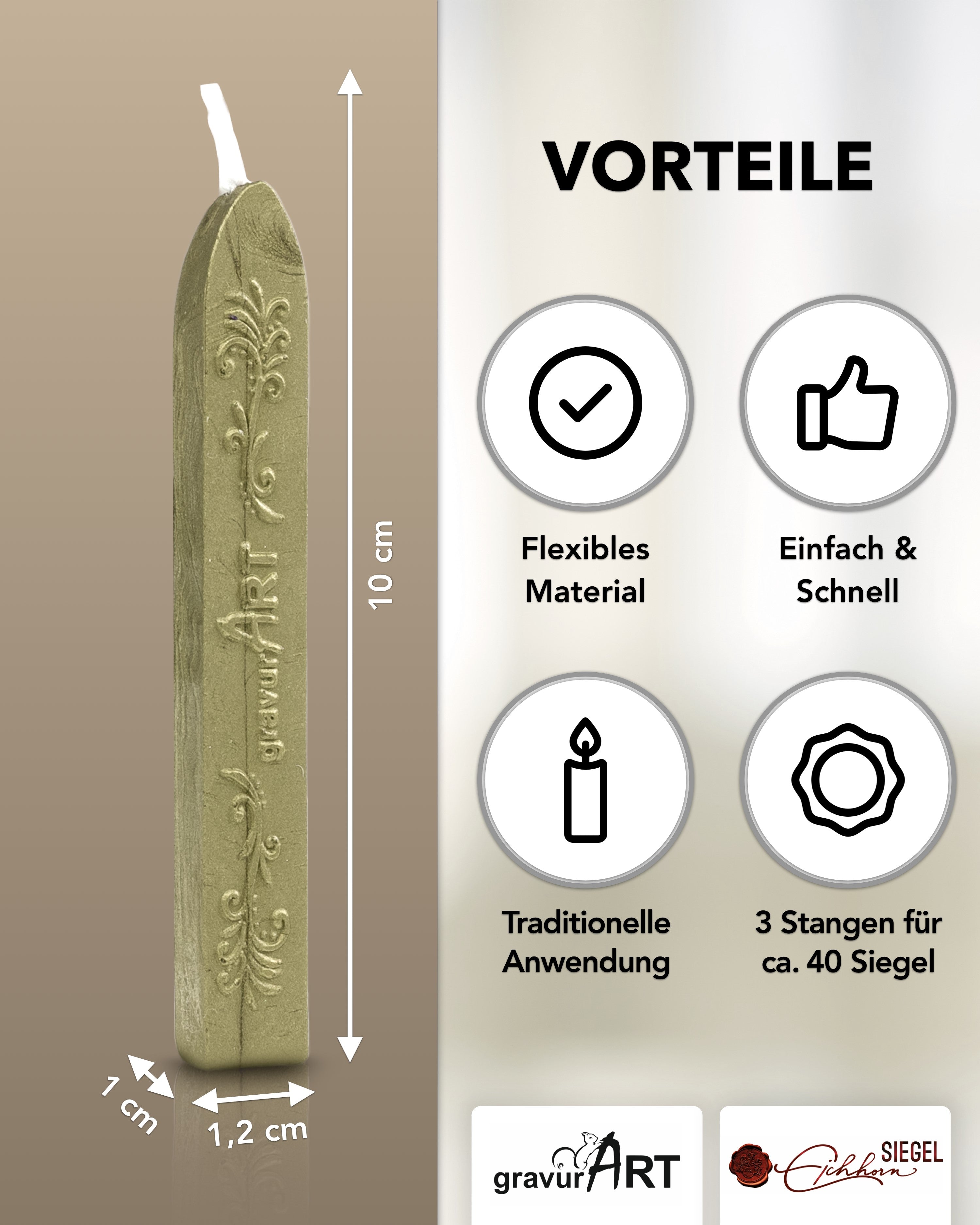 Premium Siegelwachs mit Docht, 3er Pack in Oliv-perl. - Siegelstempel personalisiert