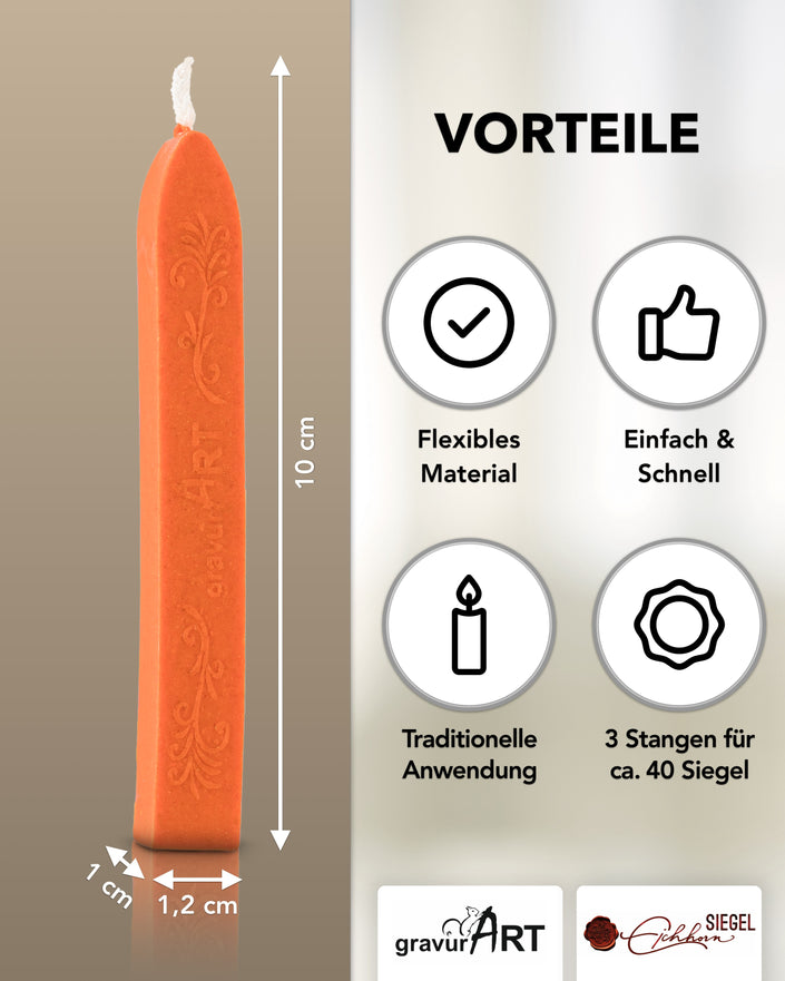 Premium Siegelwachs mit Docht, 3er Pack in Orange - Siegelstempel personalisiert