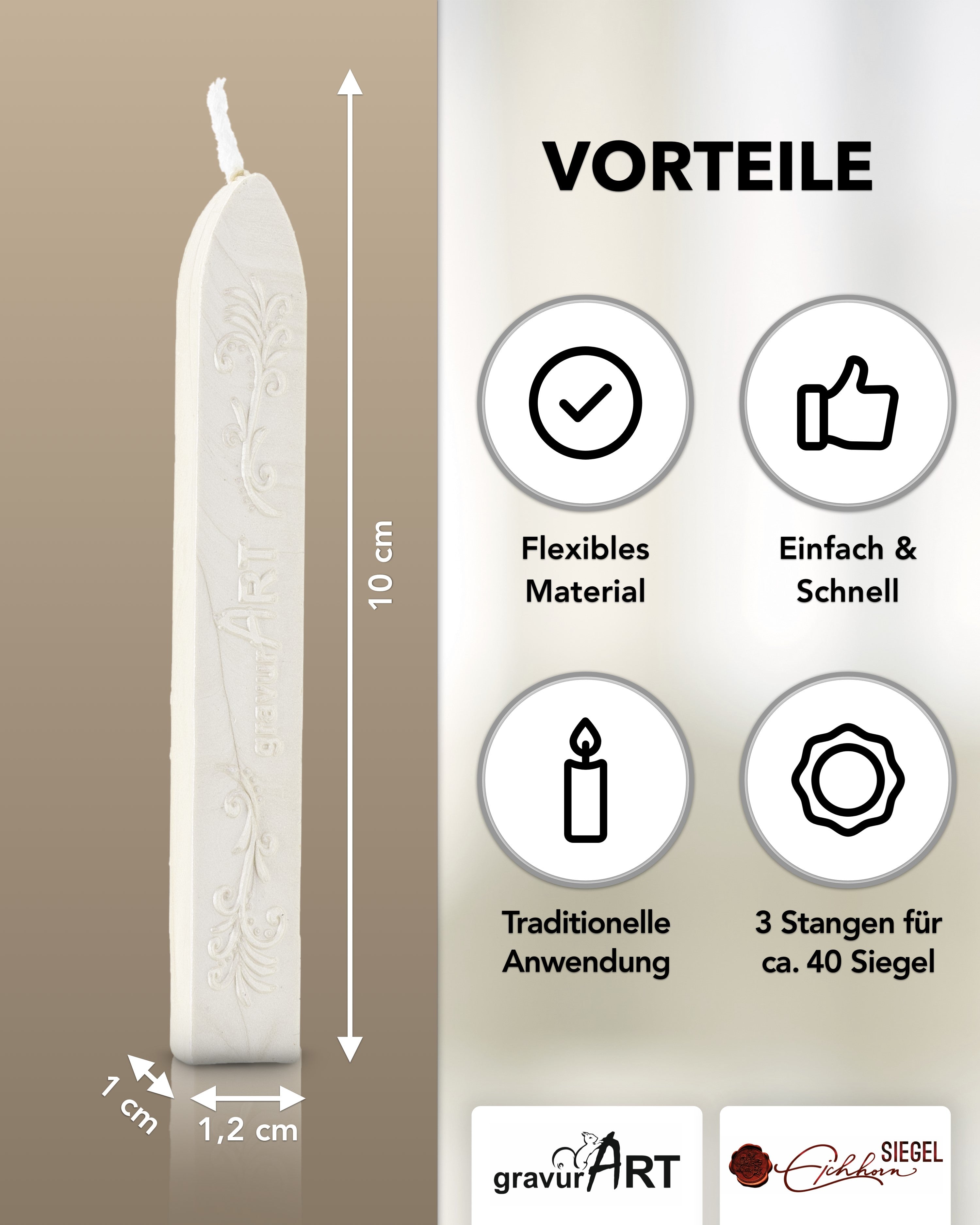 Premium Siegelwachs mit Docht, 3er Pack in Weiß - Siegelstempel personalisiert