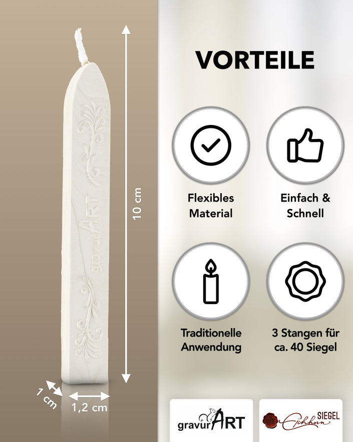 Premium Siegelwachs mit Docht, 3er Pack in Weiß - Siegelstempel personalisiert