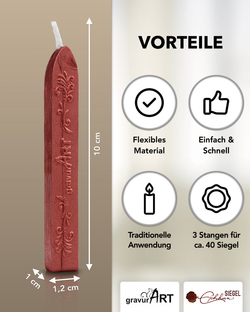 Premium Siegelwachs mit Docht, 3er Pack in Rot-Metallic - Siegelstempel personalisiert
