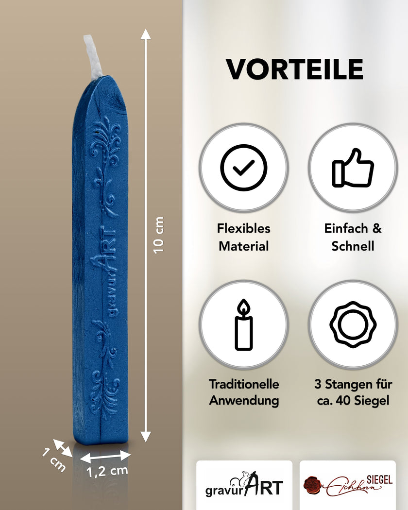 Premium Siegelwachs mit Docht, 3er Pack in Saphir - Siegelstempel personalisiert