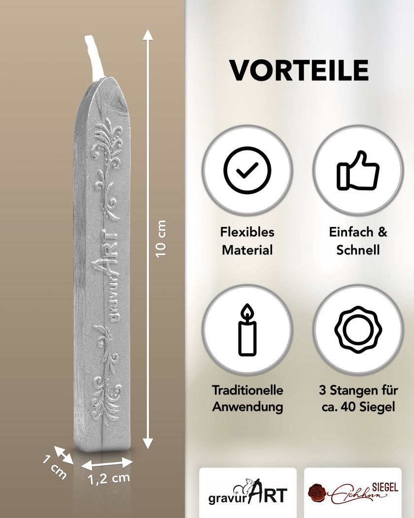 Premium Siegelwachs mit Docht, 3er Pack in Silber - Siegelstempel personalisiert