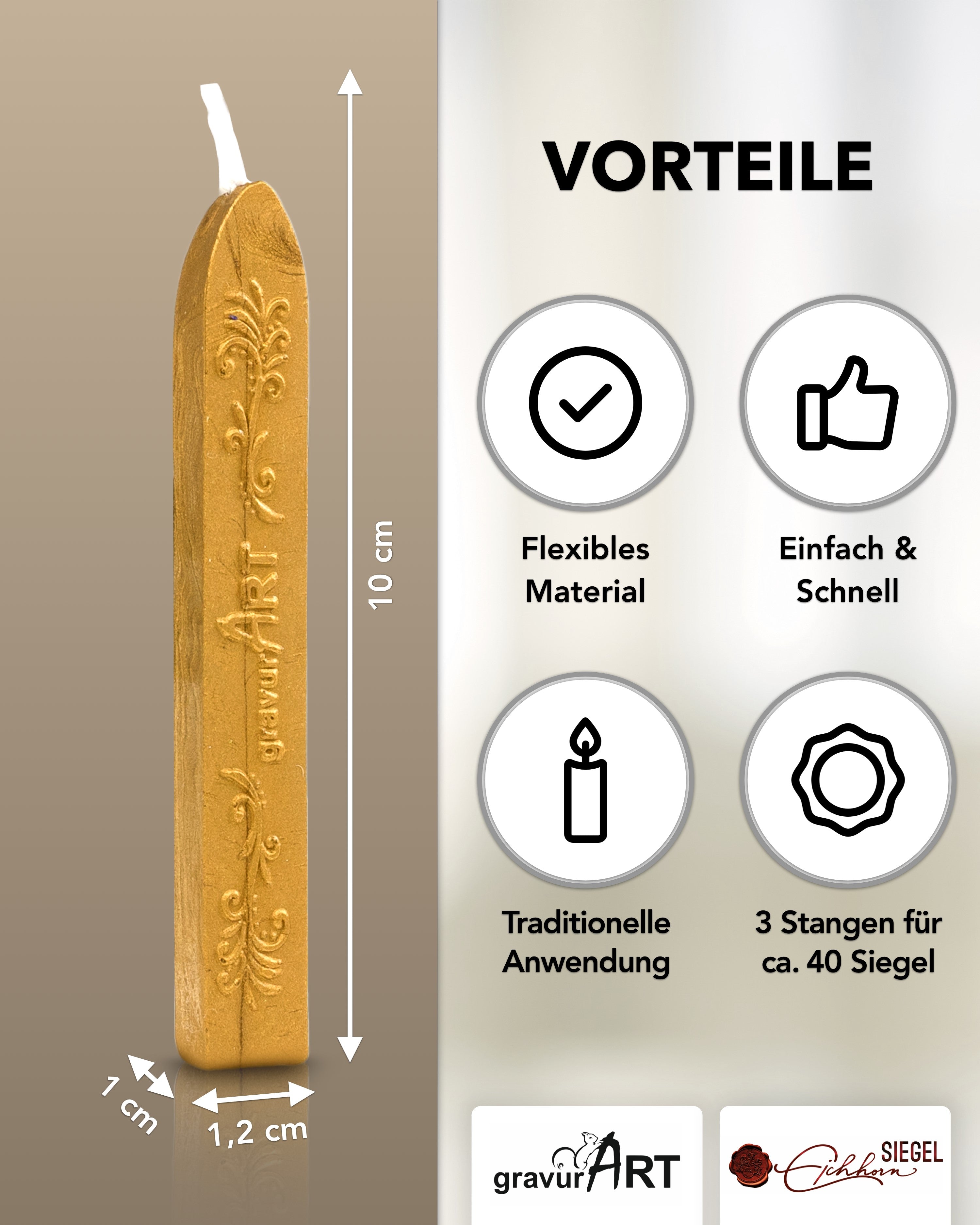 Premium Siegelwachs mit Docht, 3er Pack in Sonnengold - Siegelstempel personalisiert