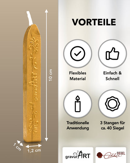 Premium Siegelwachs mit Docht, 3er Pack in Sonnengold - Siegelstempel personalisiert