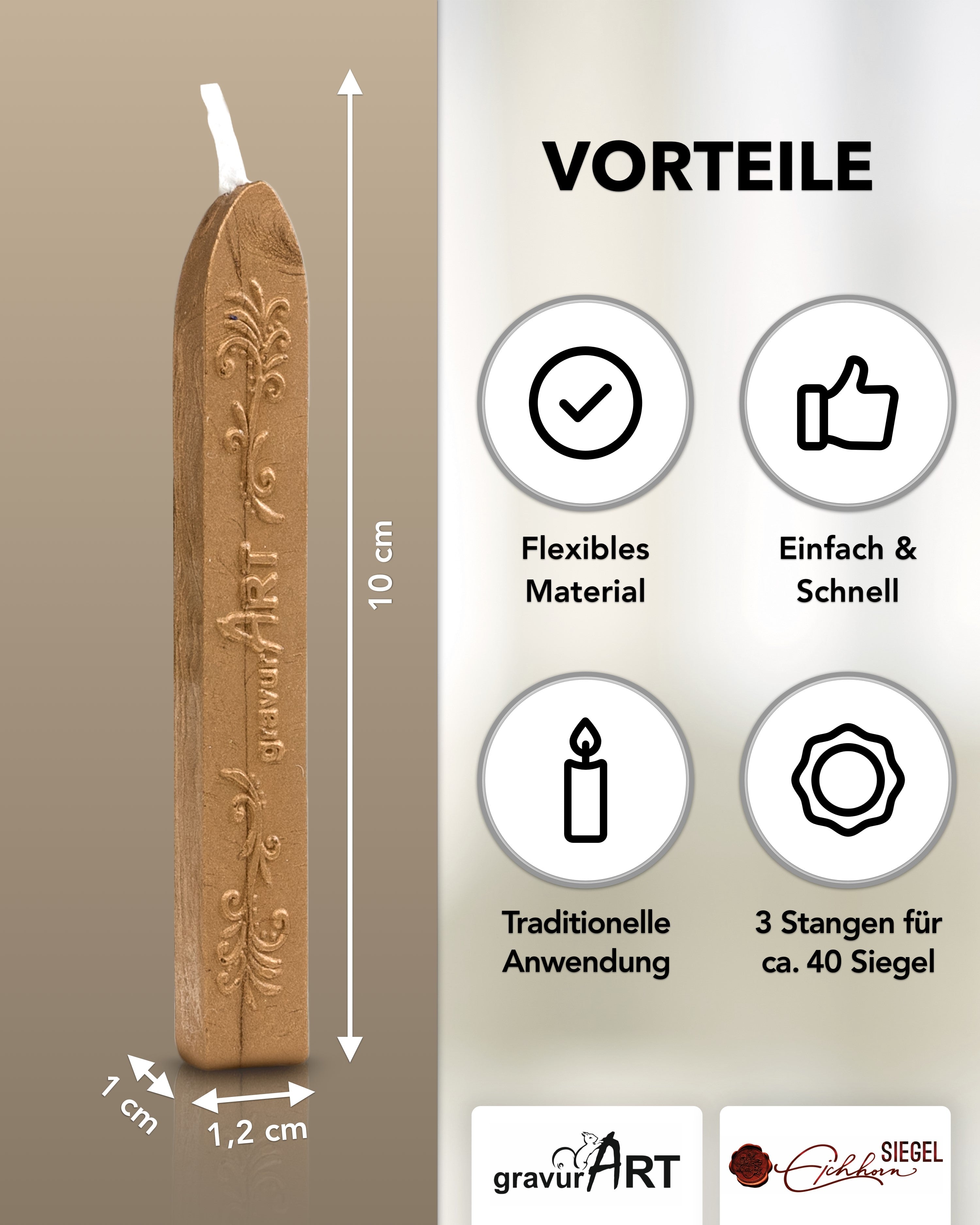 Premium Siegelwachs mit Docht, 3er Pack in Gold - Siegelstempel personalisiert