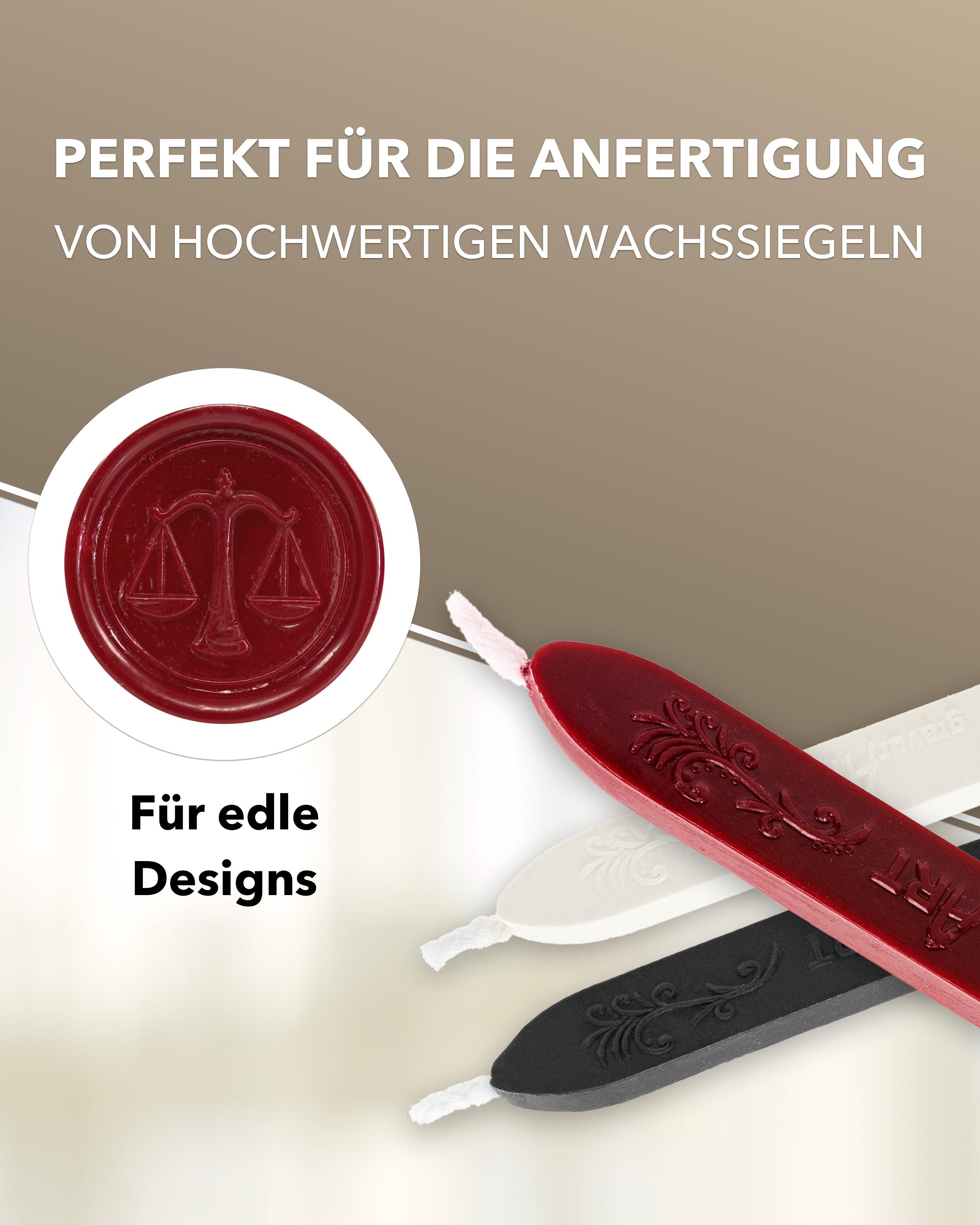 Premium Siegelwachs mit Docht, 3er Pack Mix Weiß - Schwarz - Bordeaux - Siegelstempel personalisiert