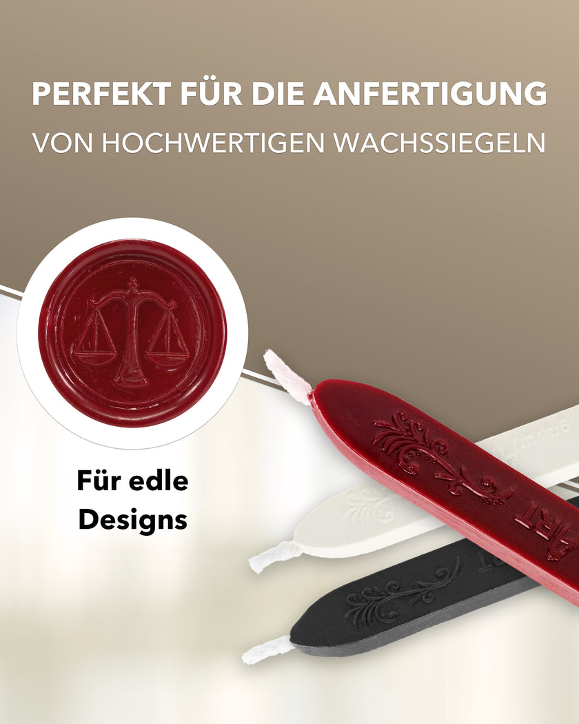 Premium Siegelwachs mit Docht, 3er Pack Mix Weiß - Schwarz - Bordeaux - Siegelstempel personalisiert