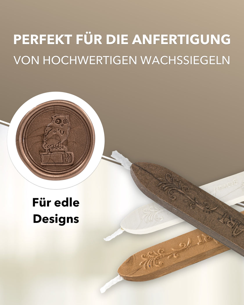 Premium Siegelwachs mit Docht, 3er Pack Mix Gold - Weiß - Schoko-perl. - Siegelstempel personalisiert