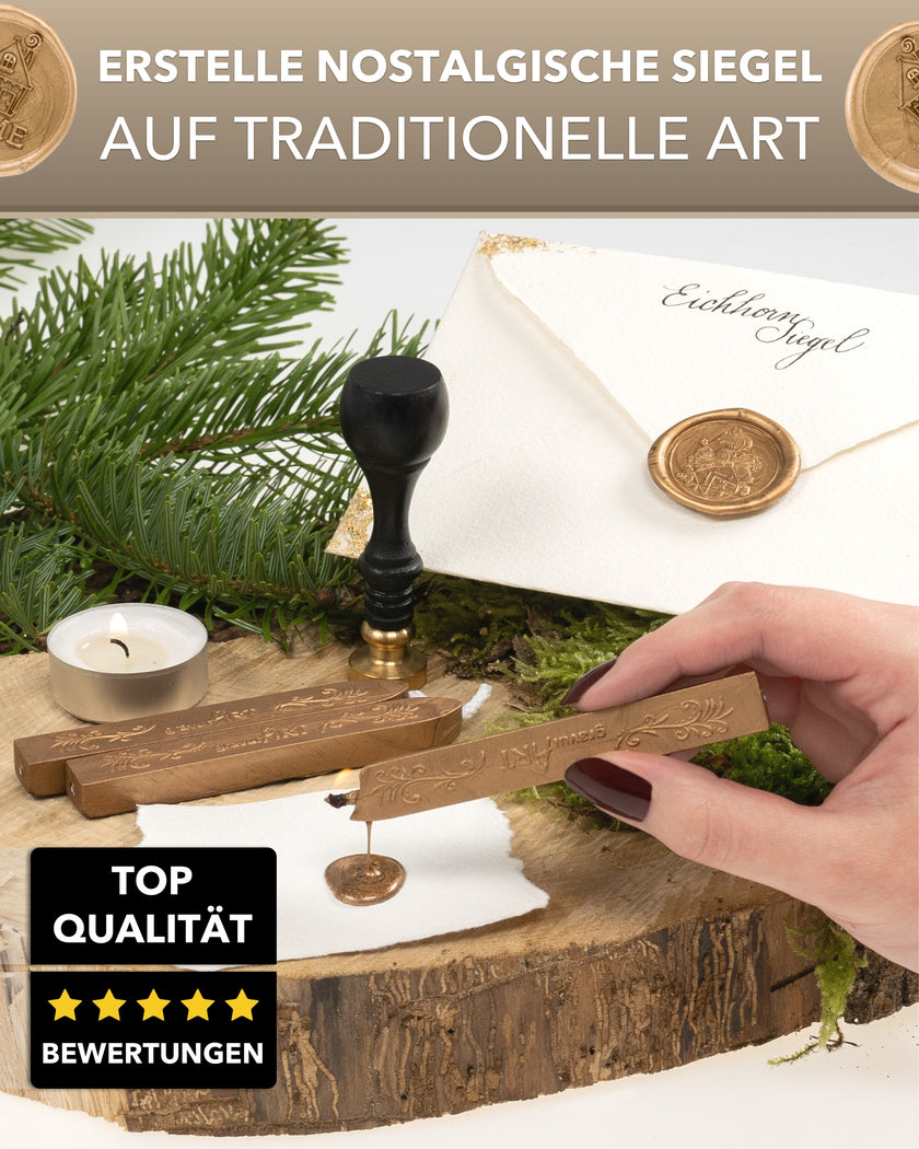 Premium Siegelwachs mit Docht, 3er Pack Mix Gold - Rot-Metallic - Navyblue - Siegelstempel personalisiert