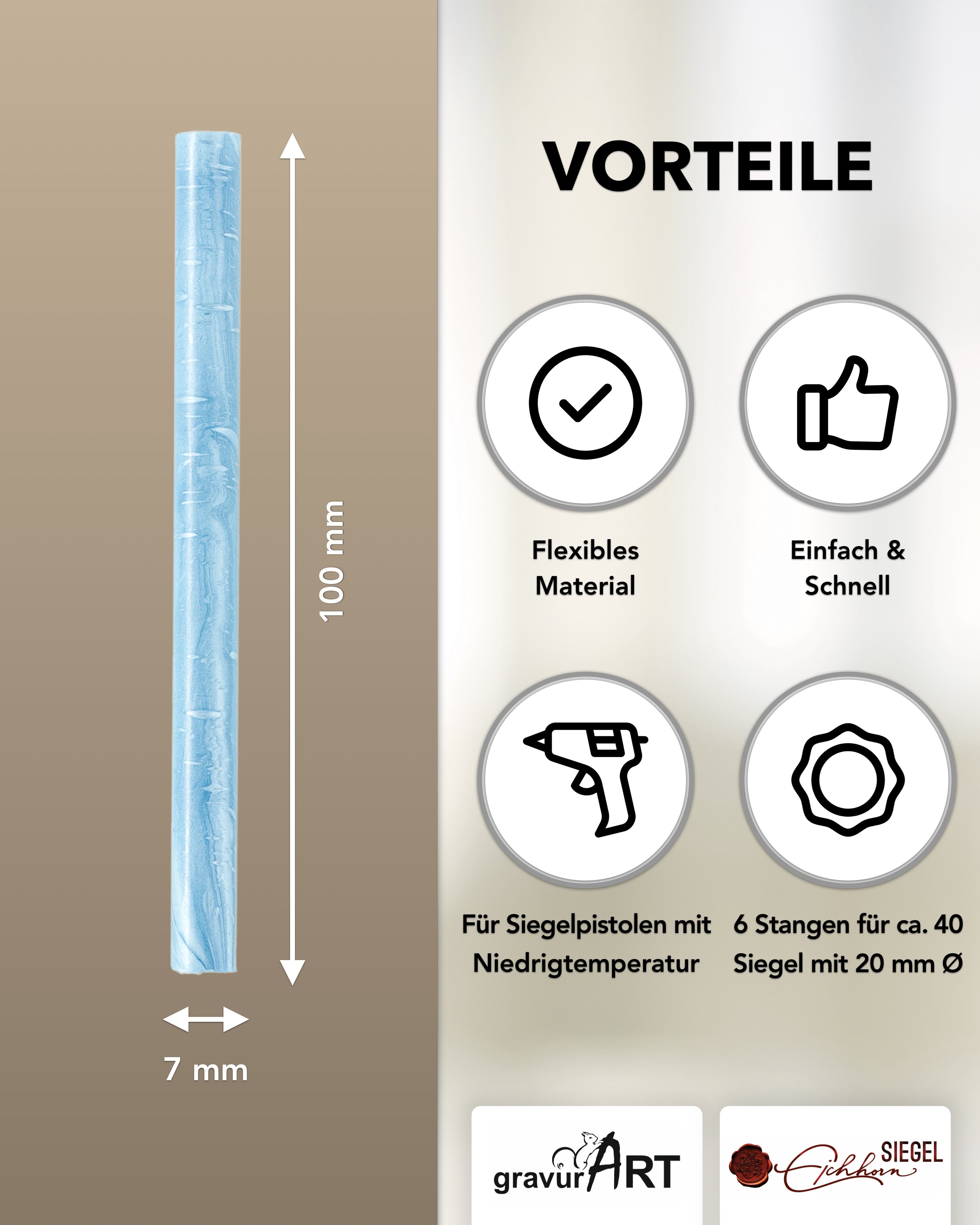 Siegelwachs für Wachspistole in Aqua-Perl., 7mm Durchmesser, 6er Pack - Siegelstempel personalisiert