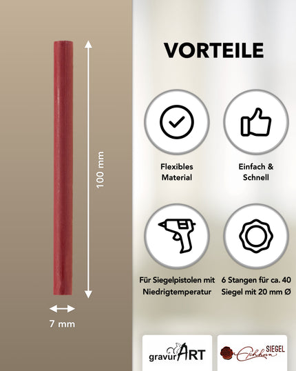 Siegelwachs für Wachspistole in Bordeaux, 7mm Durchmesser, 6er Pack - Siegelstempel personalisiert