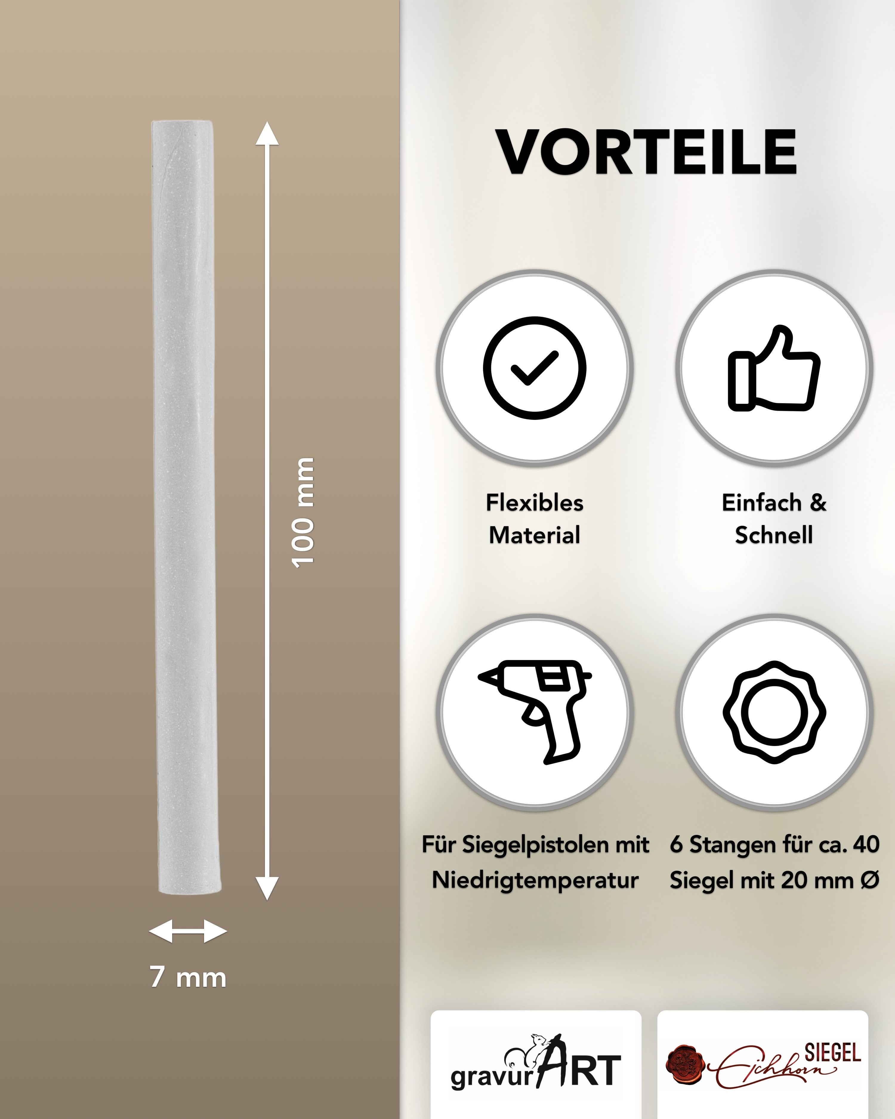 Siegelwachs für Wachspistole in Chinchilla, 7mm Durchmesser, 6er Pack - Siegelstempel personalisiert