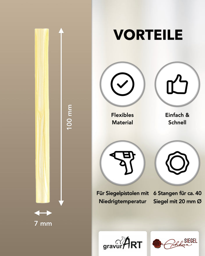Siegelwachs für Wachspistole in Pastellgelb, 7mm Durchmesser, 6er Pack - Siegelstempel personalisiert