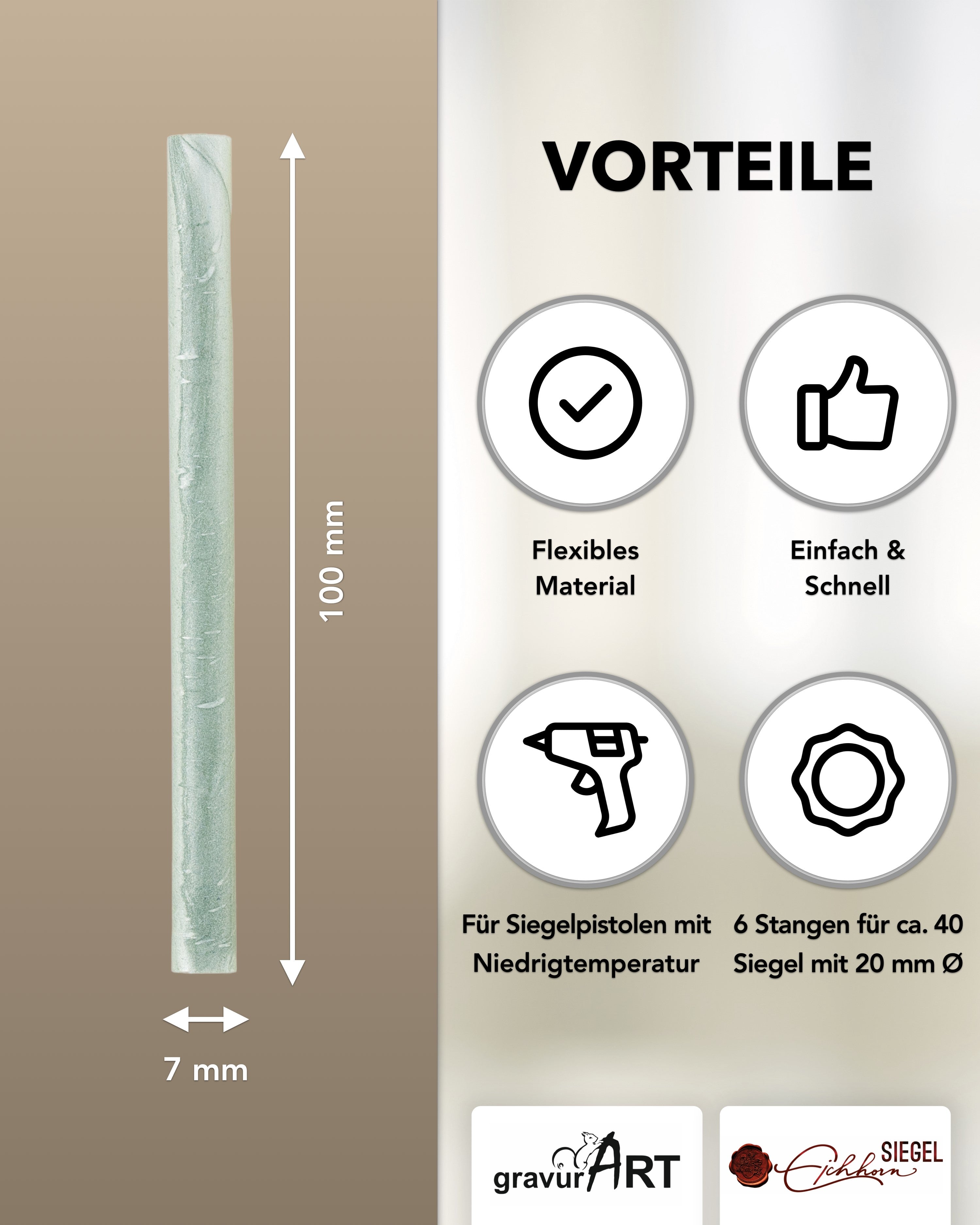 Siegelwachs für Wachspistole in Mint-Perl., 7mm Durchmesser, 6er Pack - Siegelstempel personalisiert