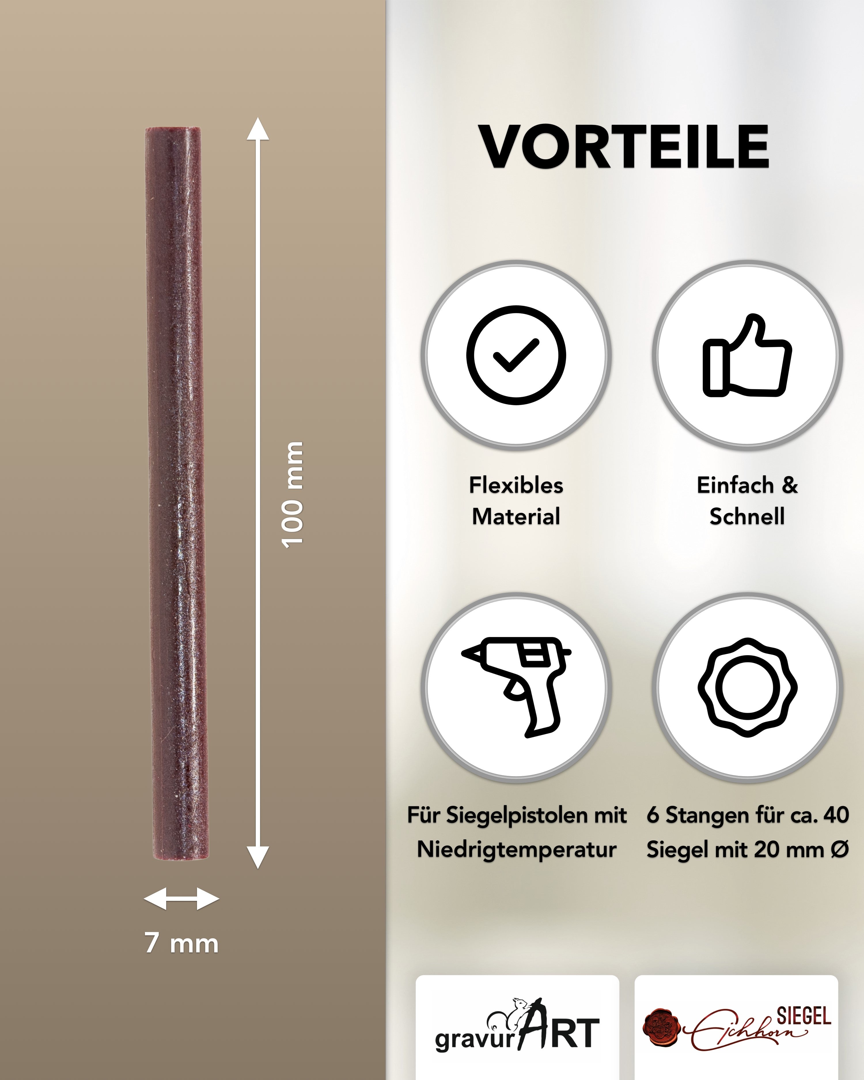 Siegelwachs für Wachspistole in Kastanie, 7mm Durchmesser, 6er Pack - Siegelstempel personalisiert