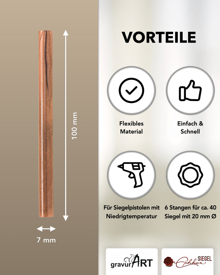 Siegelwachs für Wachspistole in Kupfer, 7mm Durchmesser, 6er Pack - Siegelstempel personalisiert