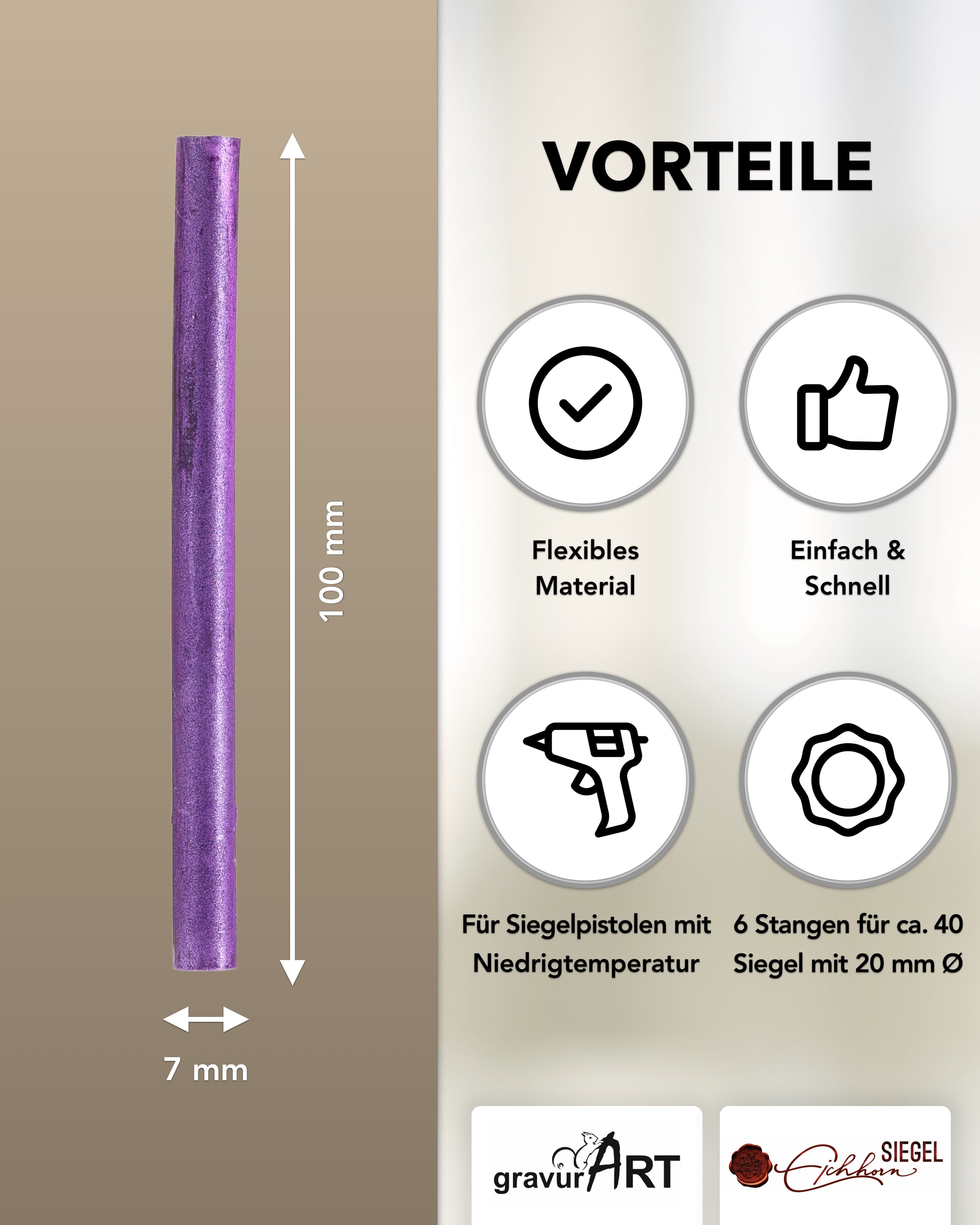 Siegelwachs für Wachspistole in Lila-Perl., 7mm Durchmesser, 6er Pack - Siegelstempel personalisiert