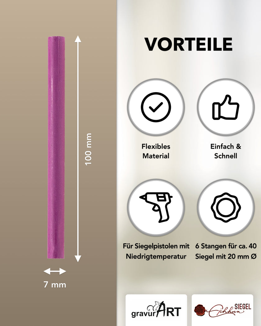 Siegelwachs für Wachspistole in Magenta, 7mm Durchmesser, 6er Pack - Siegelstempel personalisiert