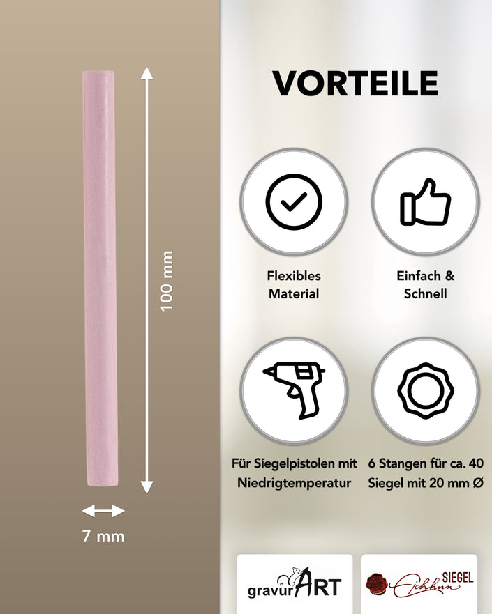 Siegelwachs für Wachspistole in Mauve, 7mm Durchmesser, 6er Pack - Siegelstempel personalisiert