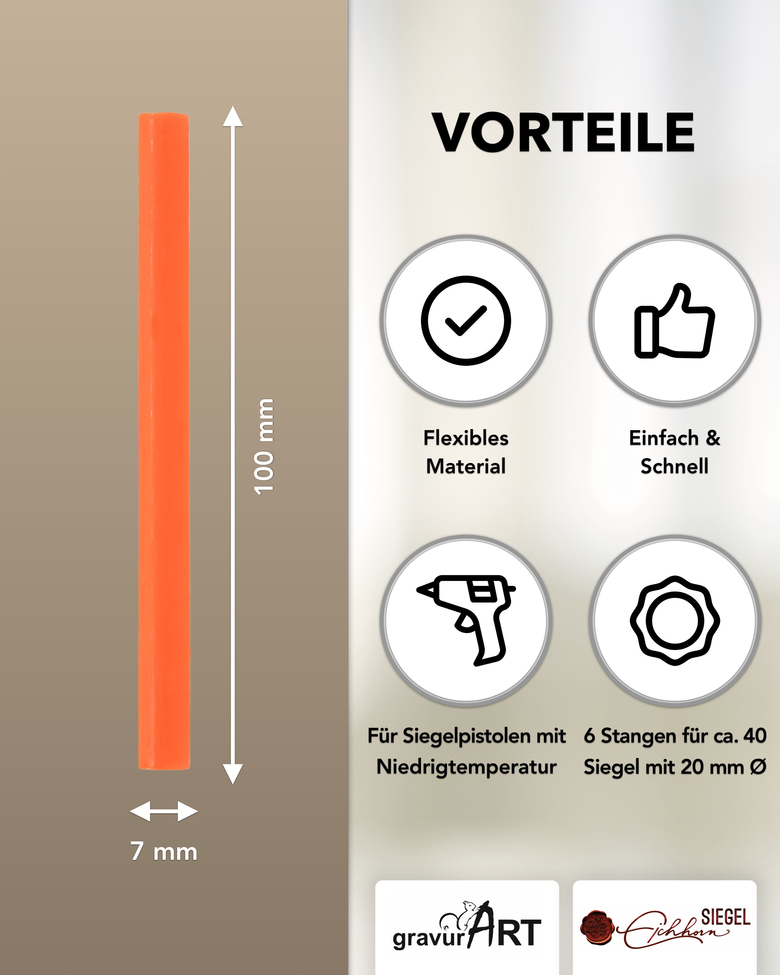 Siegelwachs für Wachspistole in Orange, 7mm Durchmesser, 6er Pack - Siegelstempel personalisiert