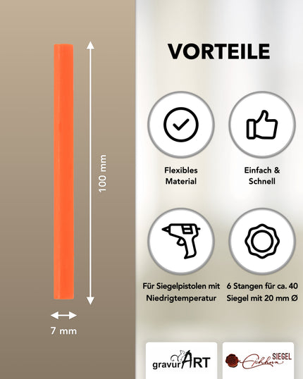 Siegelwachs für Wachspistole in Orange, 7mm Durchmesser, 6er Pack - Siegelstempel personalisiert