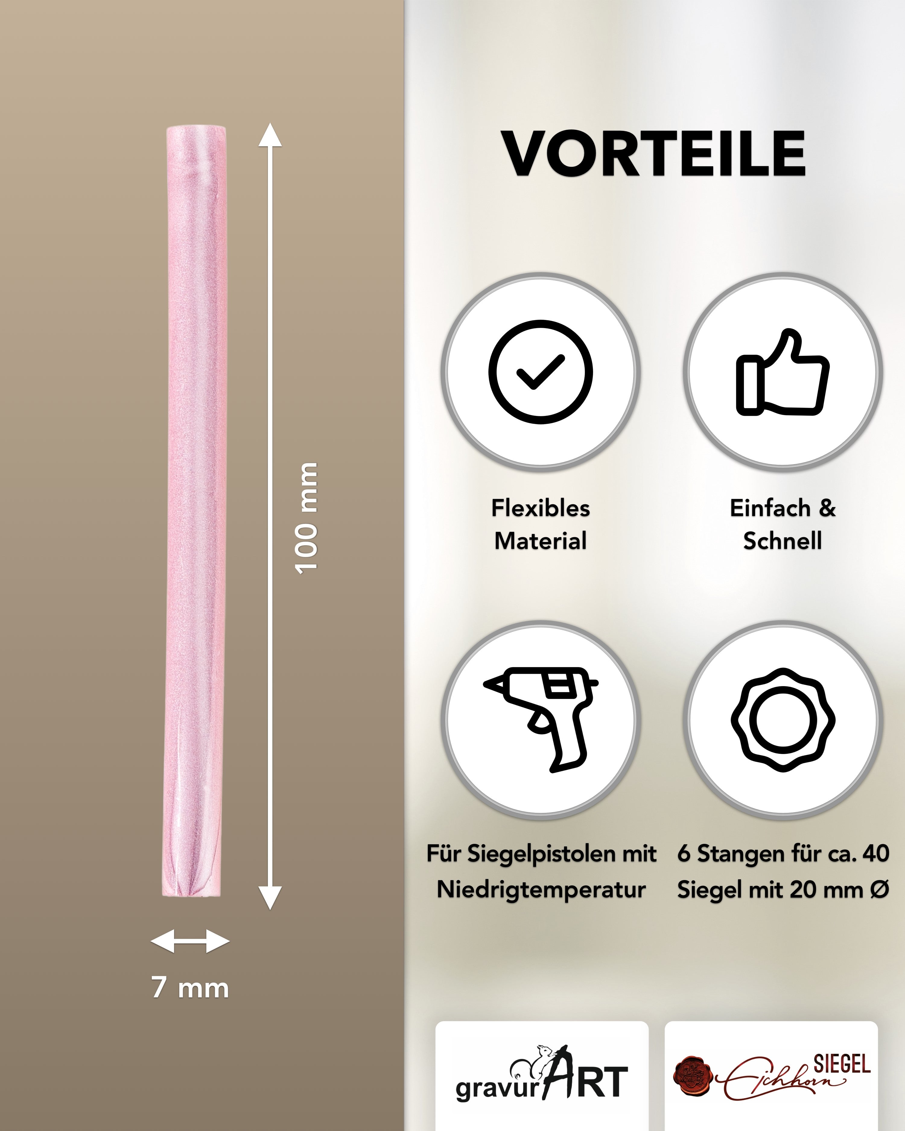 Siegelwachs für Wachspistole in Rosé-Perl, 7mm Durchmesser, 6er Pack - Siegelstempel personalisiert
