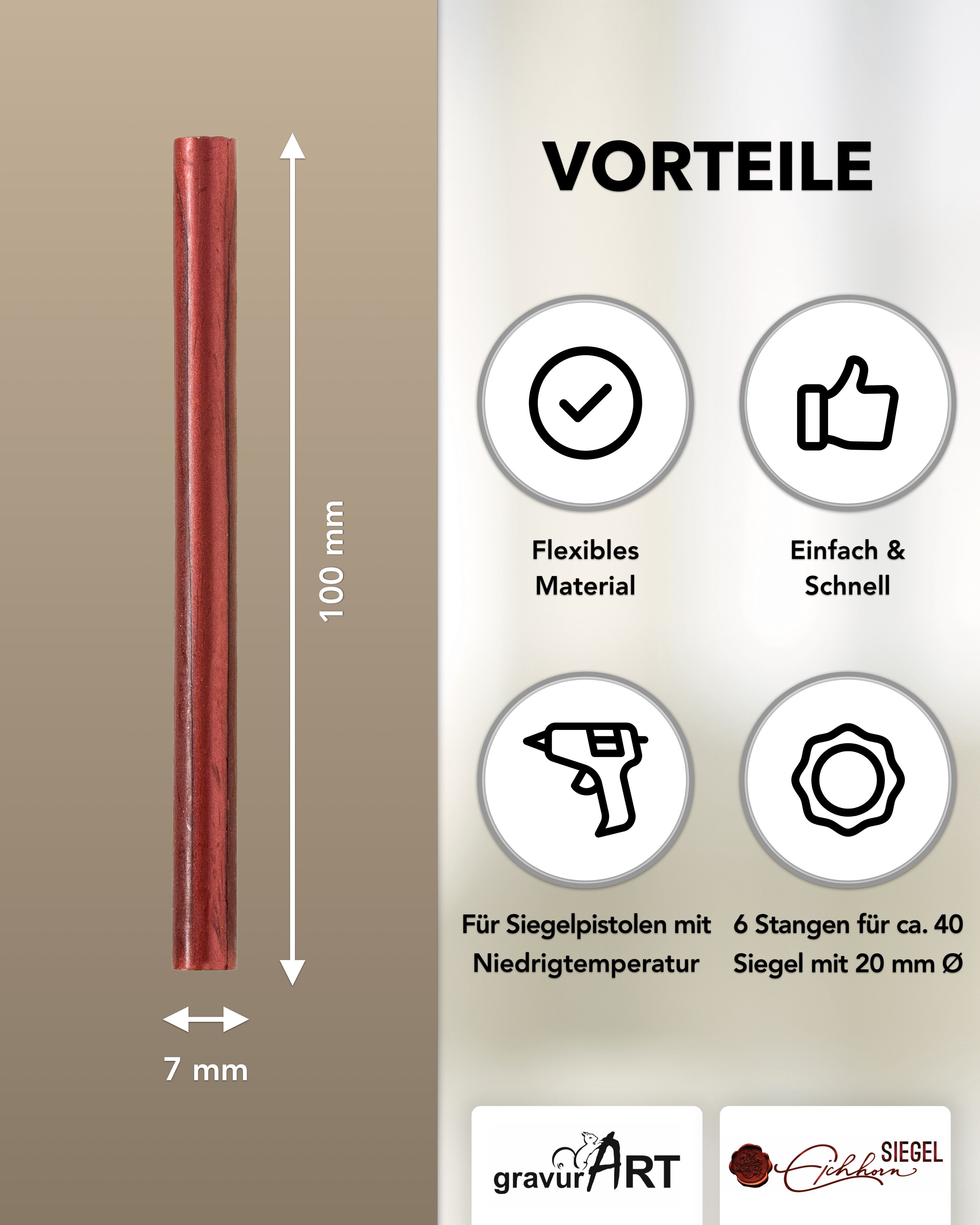 Siegelwachs für Wachspistole in Rot-Metallic, 7mm Durchmesser, 6er Pack - Siegelstempel personalisiert