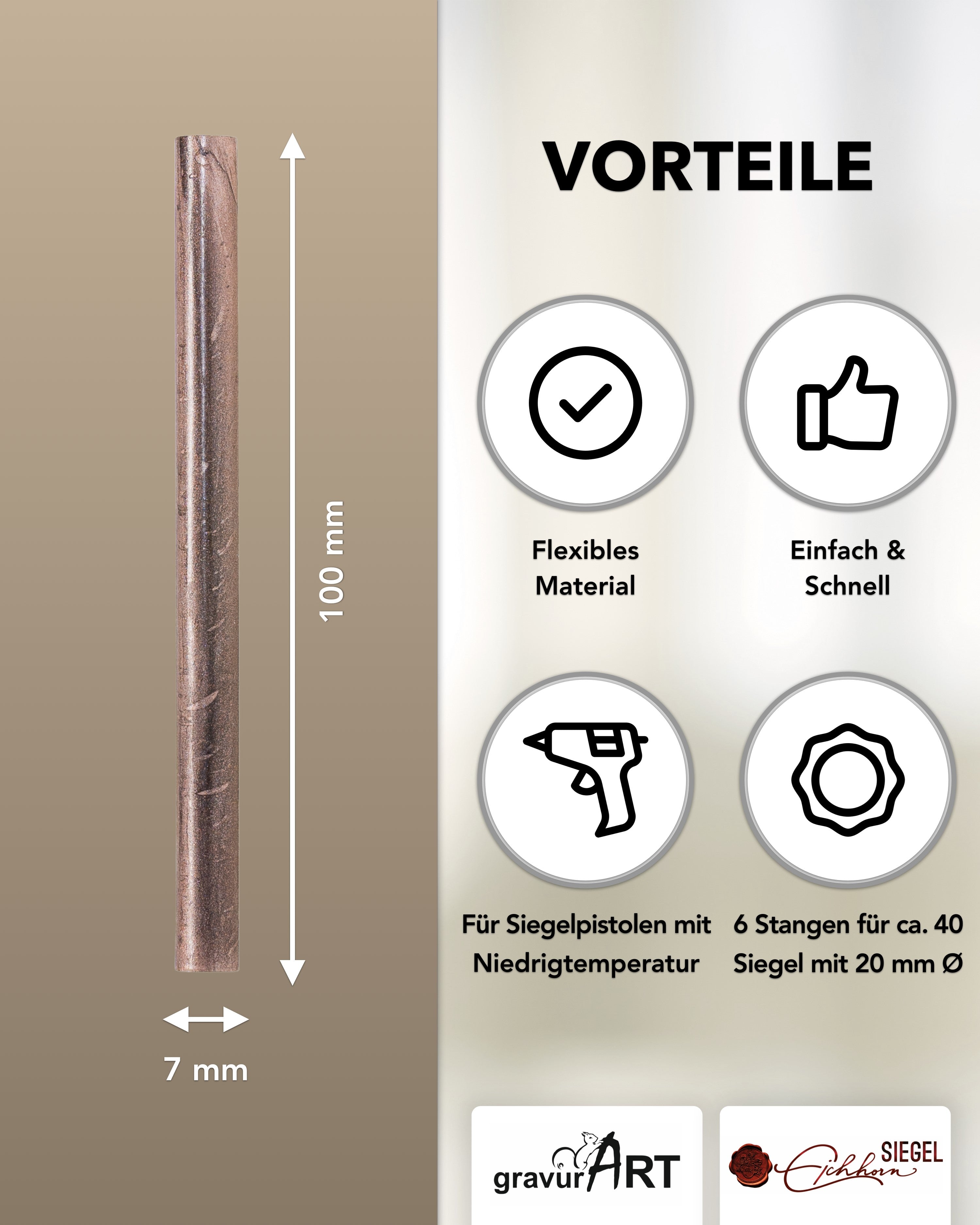 Siegelwachs für Wachspistole in Savanne-Roségold - 7mm Durchmesser, 6er Pack - Siegelstempel personalisiert
